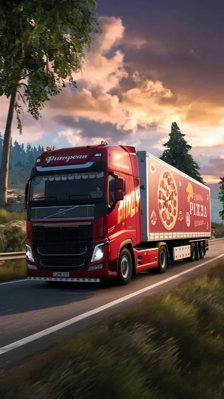 video game screenshot showing a Red European truck driving on a road, transporting pizza delivery in its trailer, set in a natural environment.

