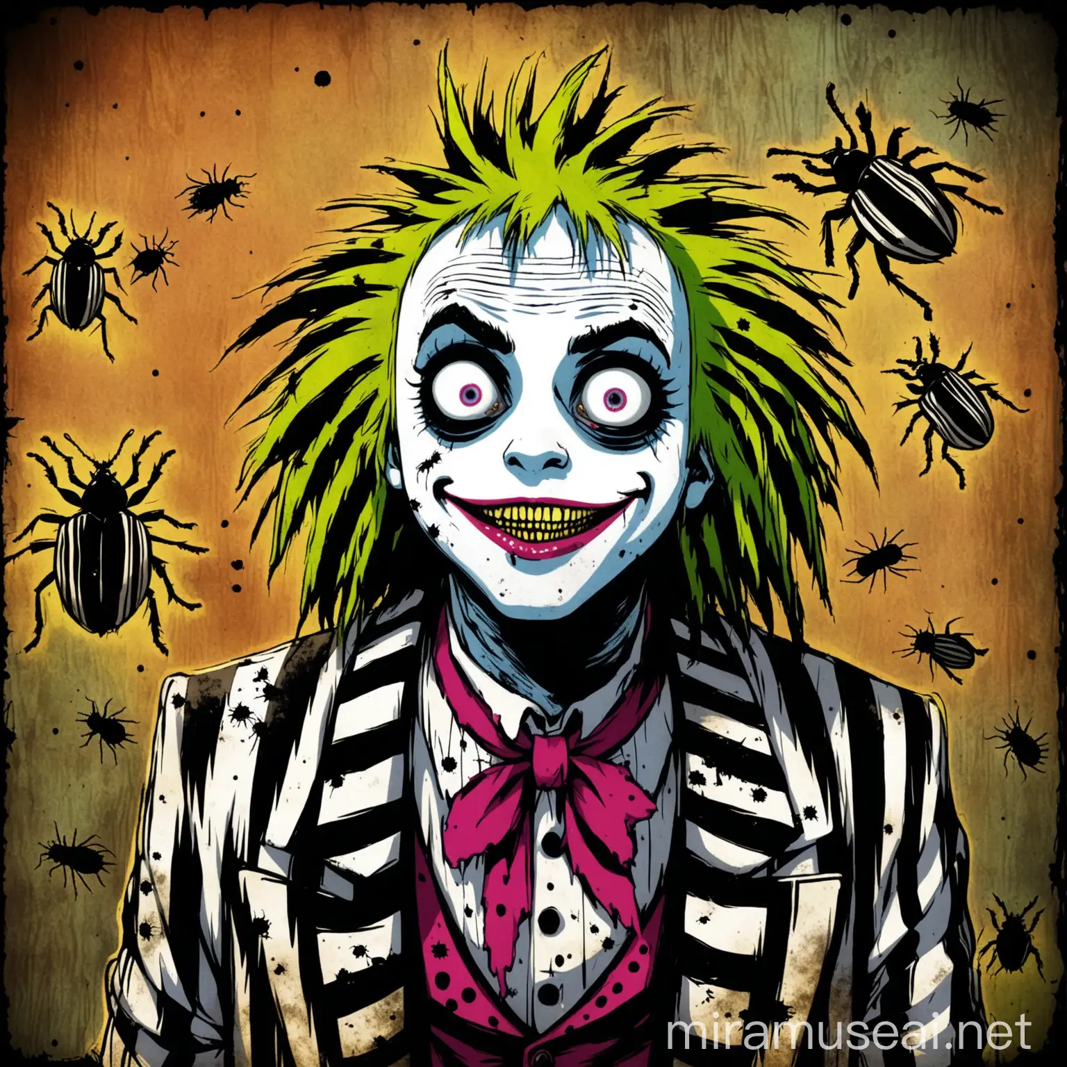 young Beetlejuice, grungy and dirty, bugs, vibrant in color, perfect for avatar Pic