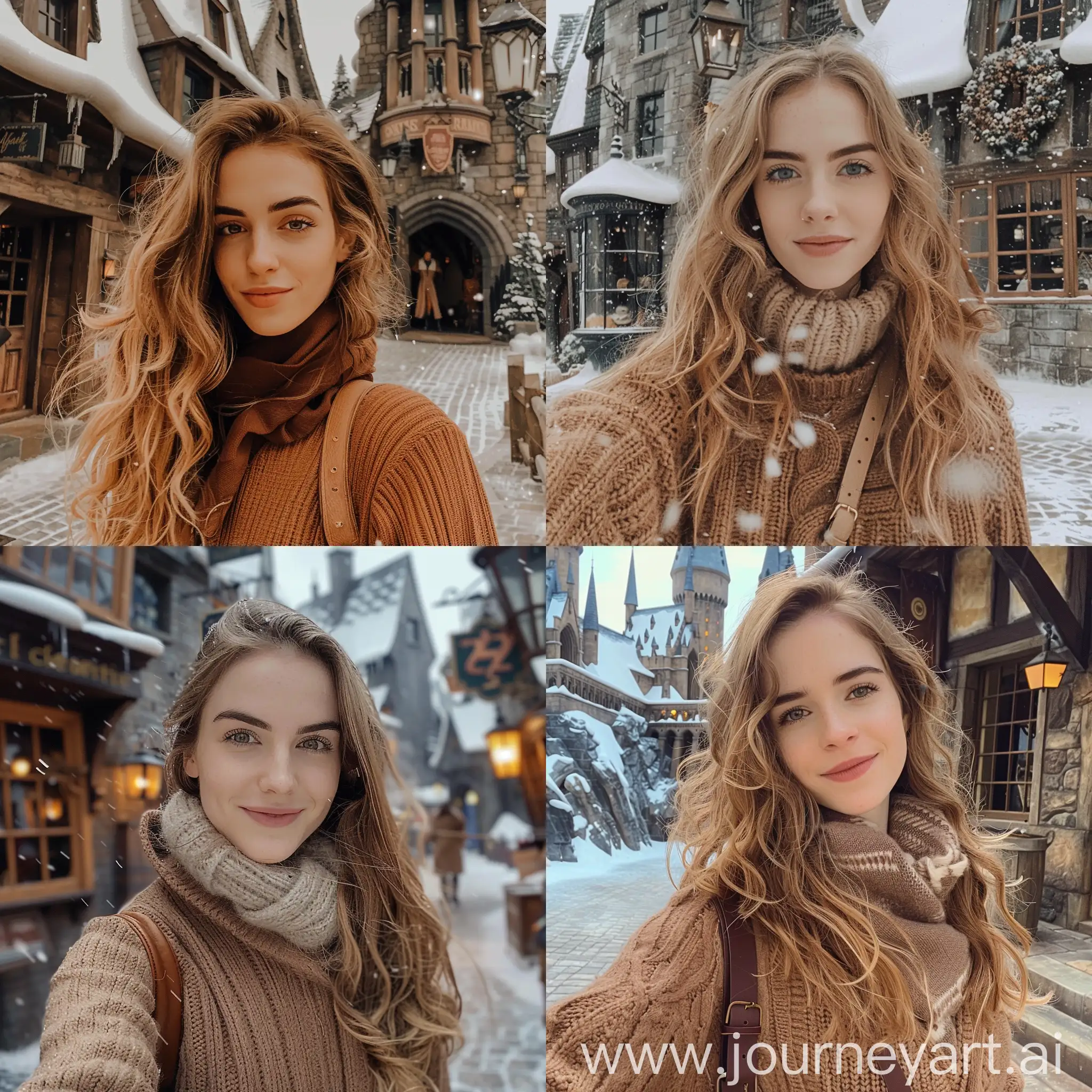 Aesthetic instagram selfie of Hermione Granger at Hogsmeade, soft brown clothing color tones, winter, snow in background--ar 9:16