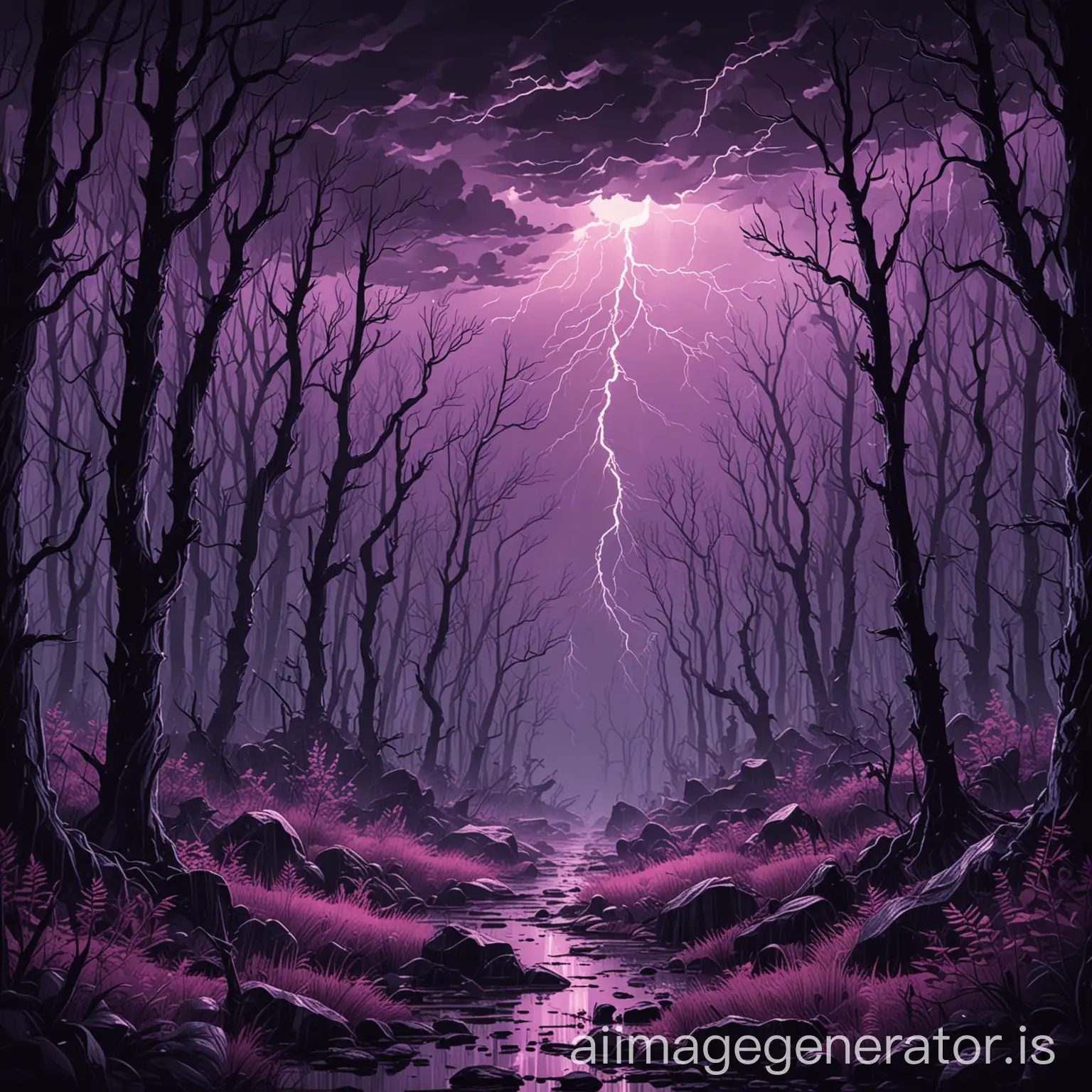 dark forest with thunder and rain cartoon style with purple tint style