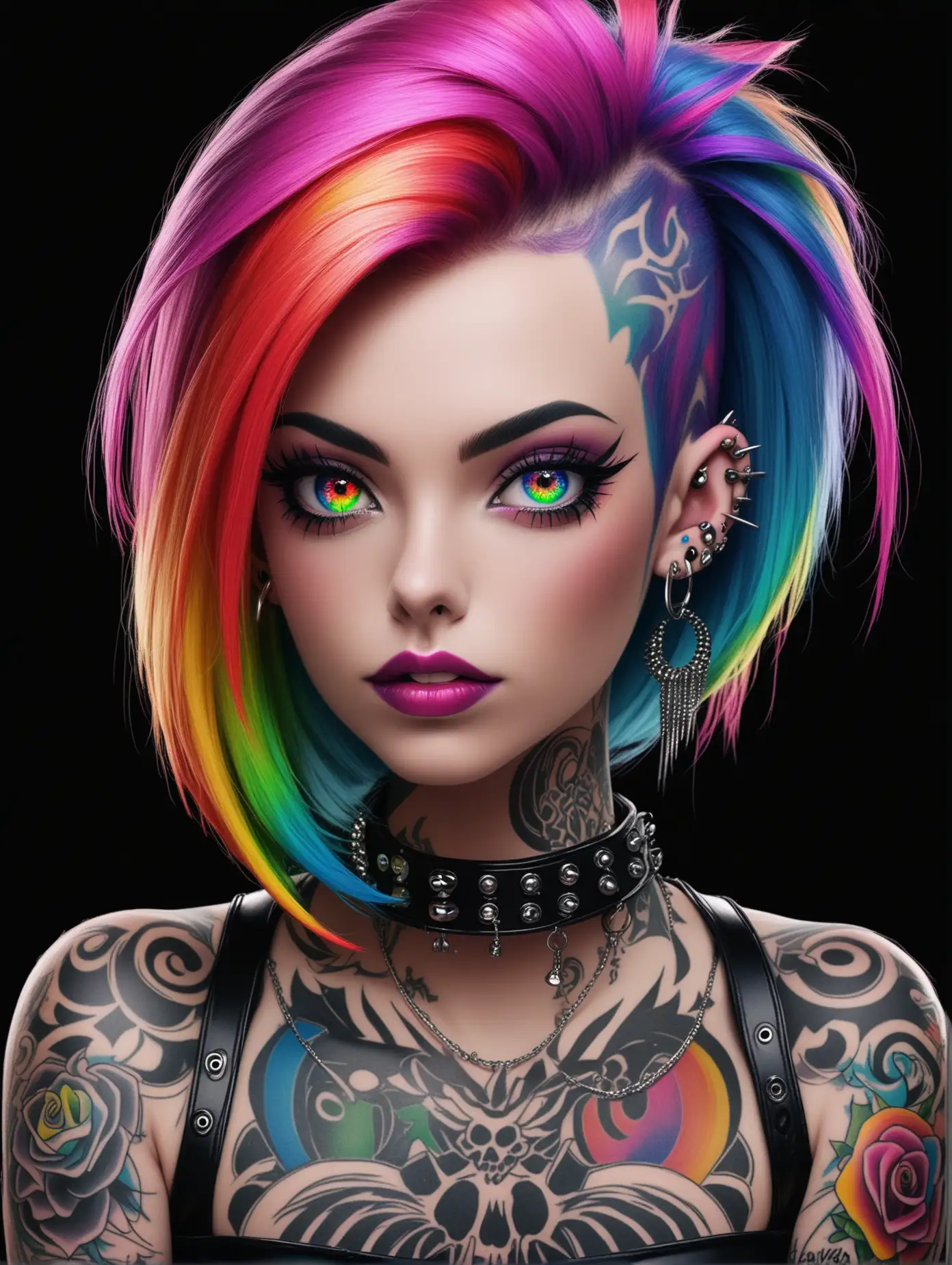 Punk beautiful woman, tattoos, rainbow colored hair, bright eyes, piercings, full  lips, portrait , glossy black background, 