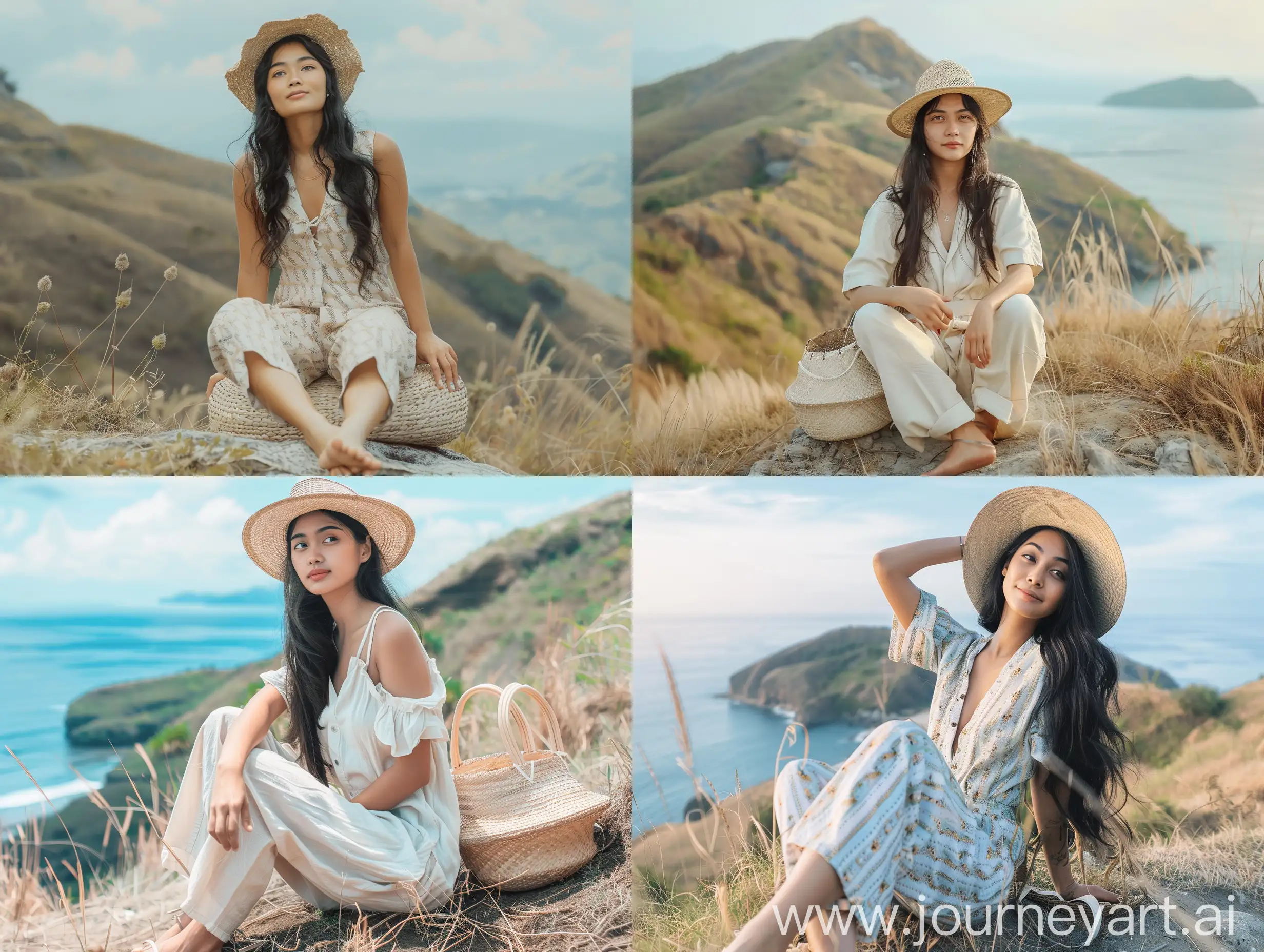 Young-Indonesian-Woman-in-Jumpsuit-and-Straw-Hat-Overlooking-Scenic-Sea-View