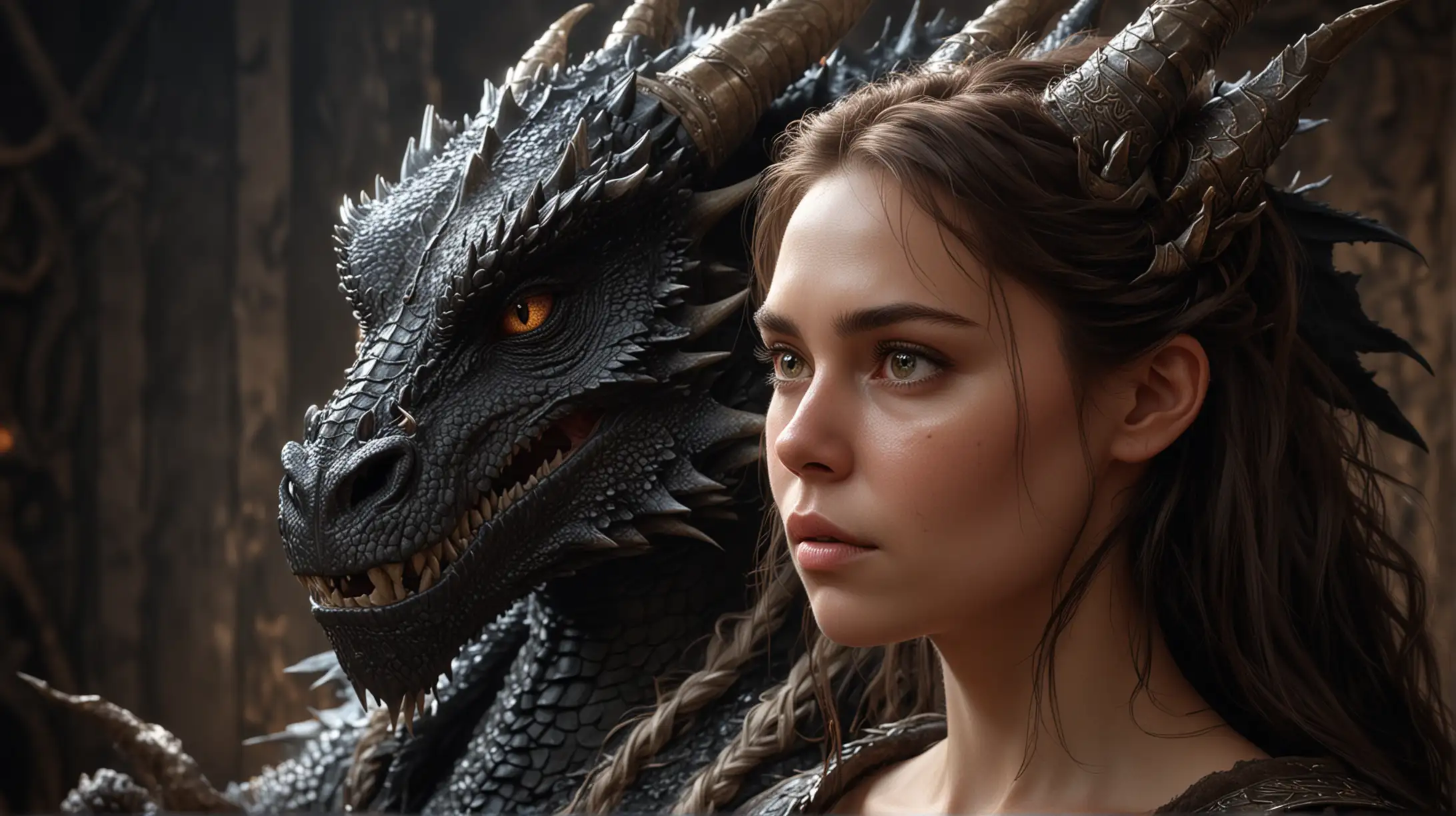 Portrait of a great chaotic dragon, majestic, massive, captivating, black, high quality hyperrealistic 8K Ultra HD, The dragon is depicted sitting next to a very beautiful brunette viking, her features bathed in soft and diffuse light that highlights the delicate nuances of her expression. The artist, inspired by the precision of Sargent.