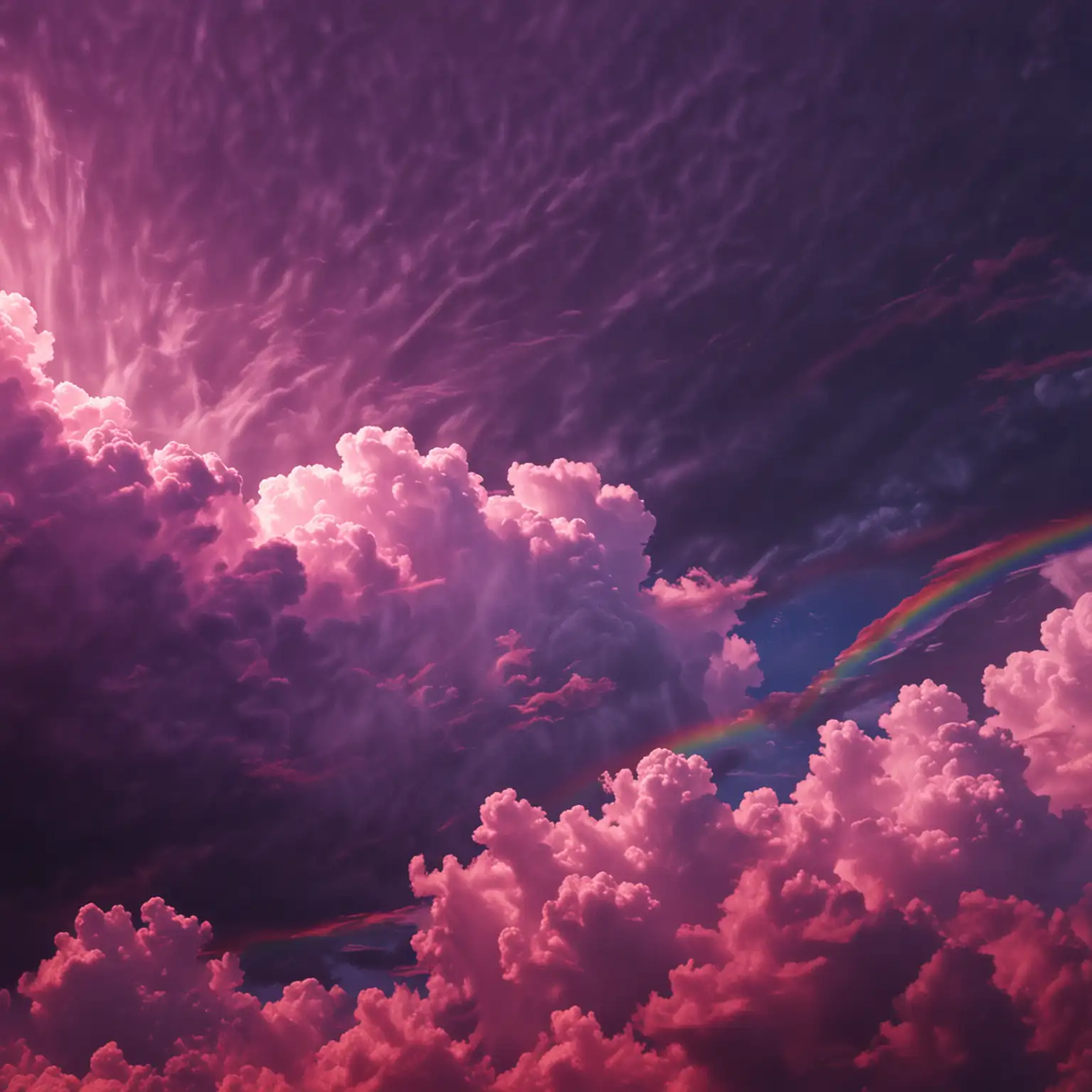 Purple wavy black red clouds. Rainbow. Realistic. Film. Bright colour. Real