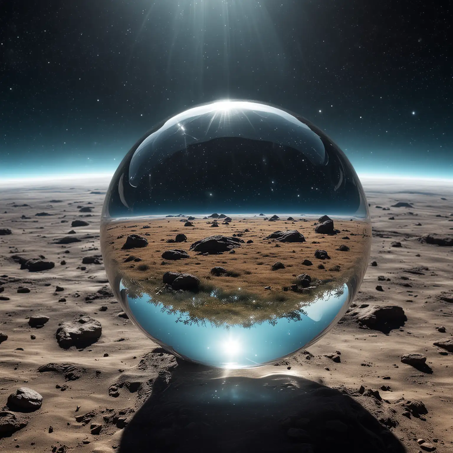 a giant transparent glass ball floating in the vastness of space