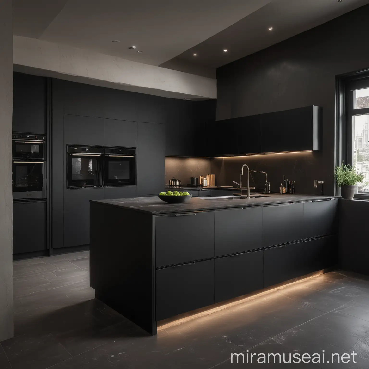 a luxurios but minimalistic black kitchen. close look at stand