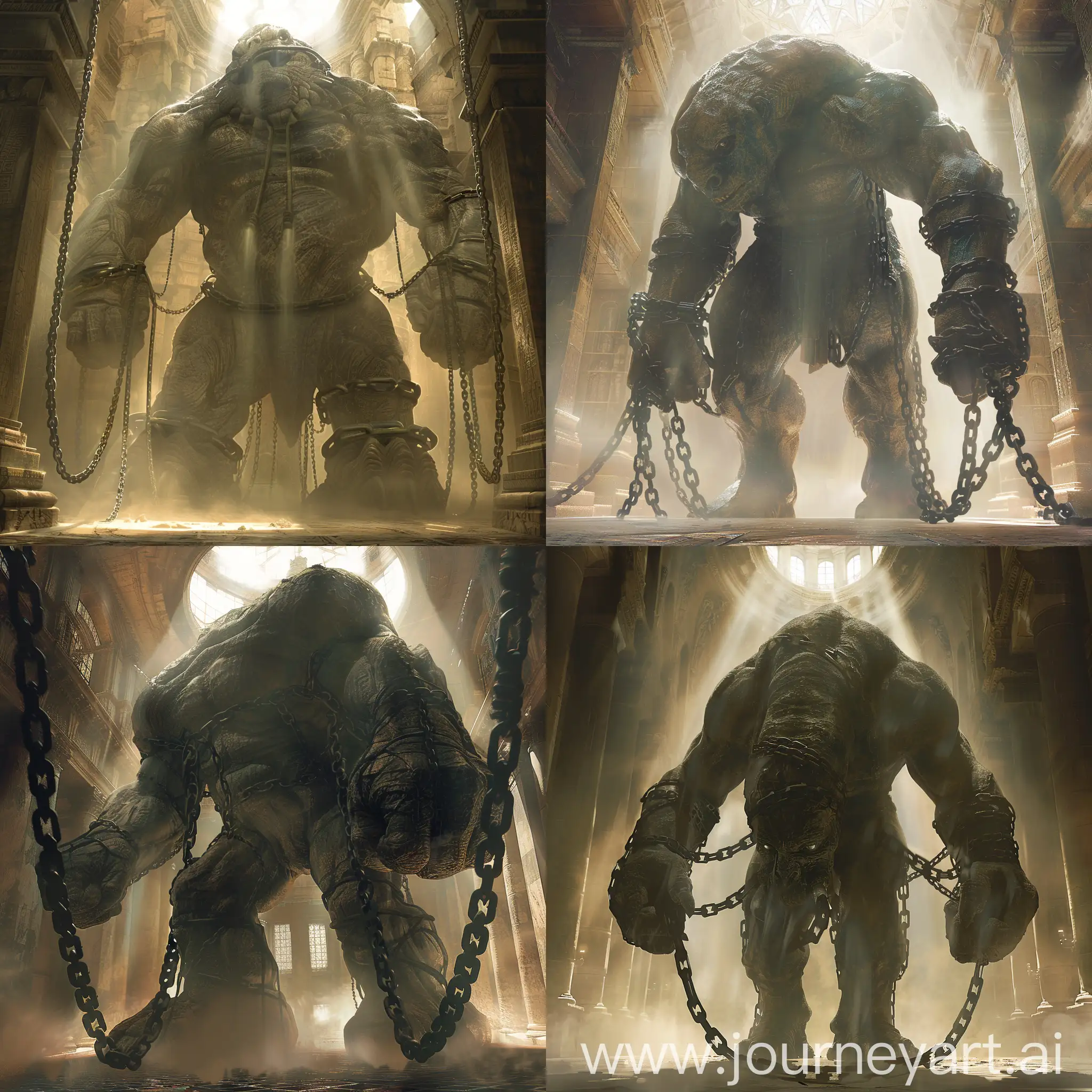 an unimaginably huge menacing beast shackled with insanly huge chains from all of his limbs,a bowed head,front view,shadow of colossus titans,inside an enormous temple,the beast is called the forbidden one,the beast shouldn't be awakened,light casting through the ceiling,dusty and foggy envirement,dark ,mysterious and dangerous atmosphere,epic shot,cinematic