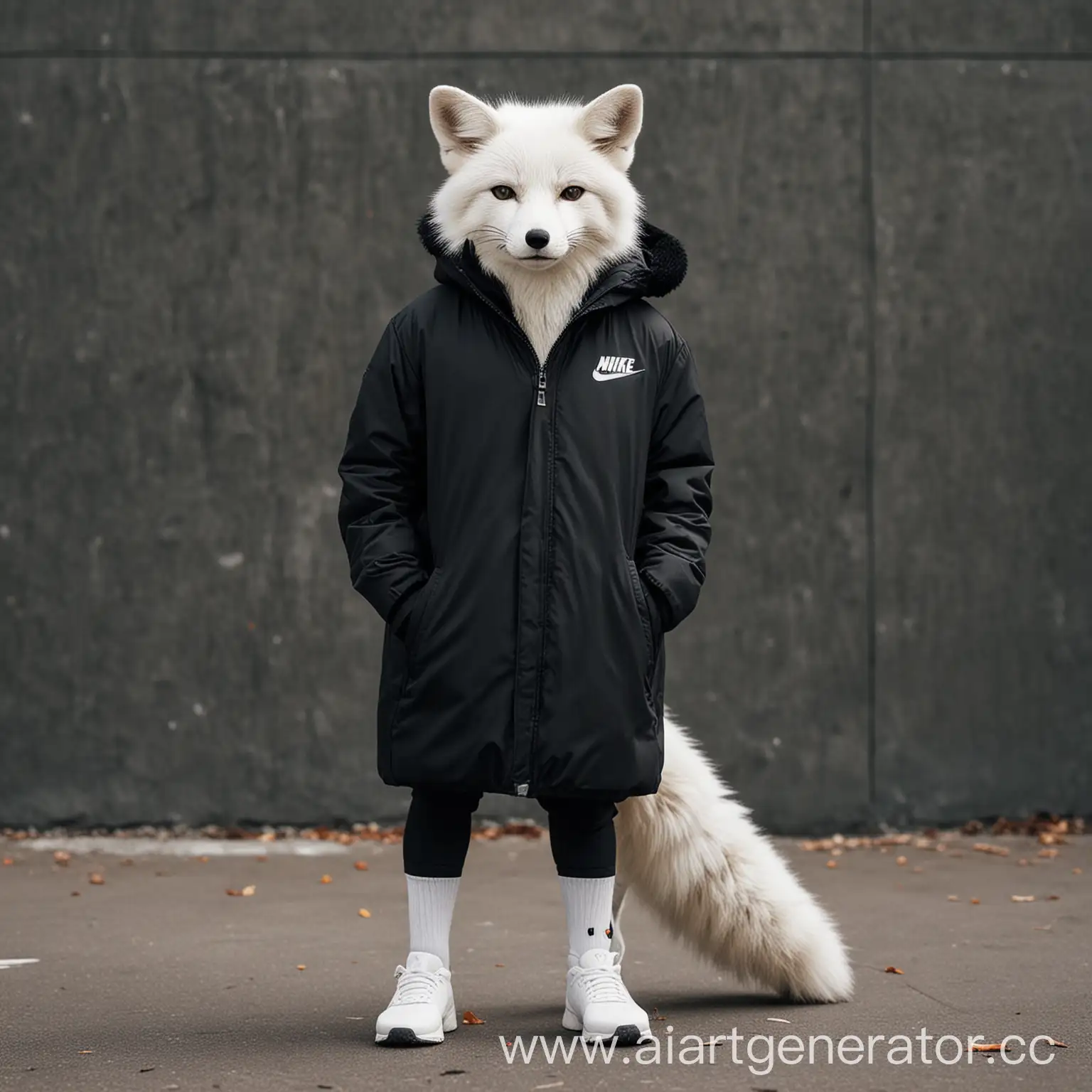 White-Fox-Wearing-Black-Nike-Coat-in-Urban-Setting