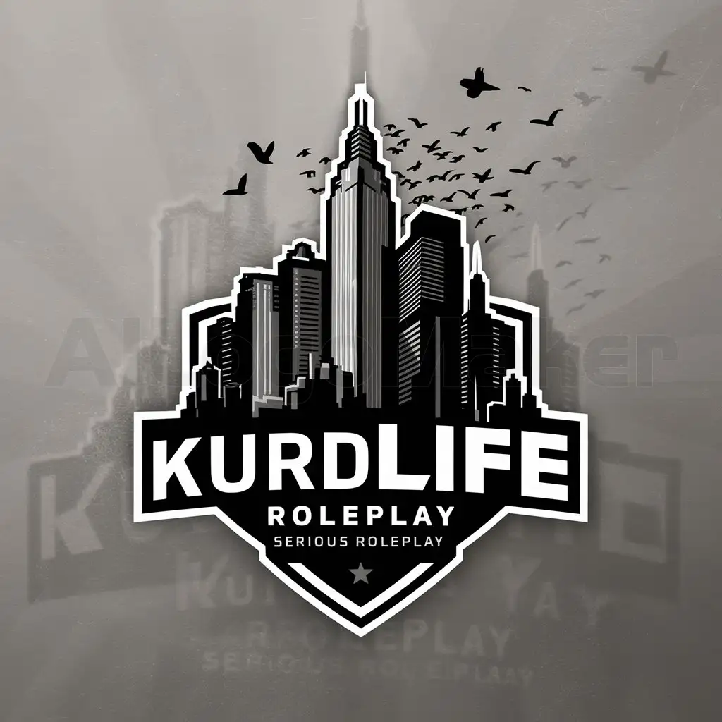 a logo design,with the text "KurdLife roleplay", main symbol:a logo design,with the text 'Serious Roleplay', main symbol:The theme is New York City, It must write Serious Roleplay on the logo and it must be animated as it's for a Fivem GTA RP Server. New York City including skyscrapers, birds ,Moderate, clear background, Moderate, be used in Others industry ,clear background,Moderate,be used in Others industry,clear background