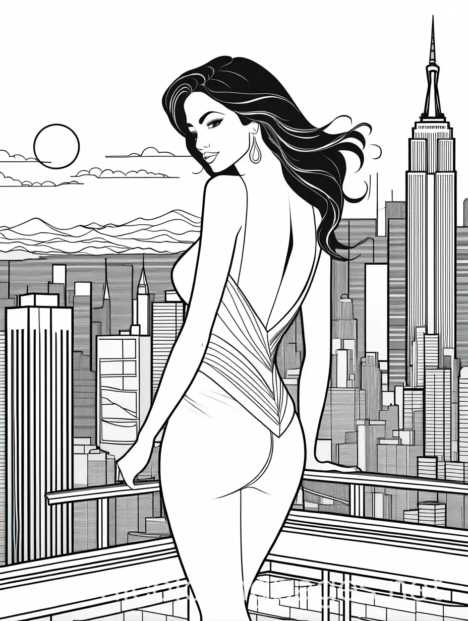 a sexy latina attending a glamorous rooftop party, with city lights in the background, Coloring Page, black and white, line art, white background, Simplicity, Ample White Space