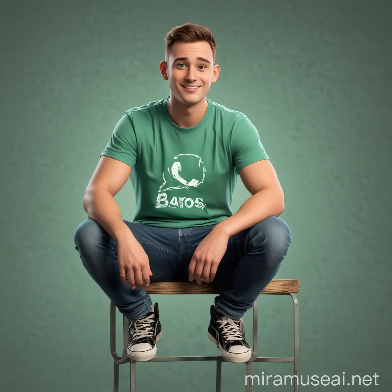 Create a 3D illustration of an animated adult male sitting on top of the whatsapp logo wearing a basic t-shirt that reads B A R O S A