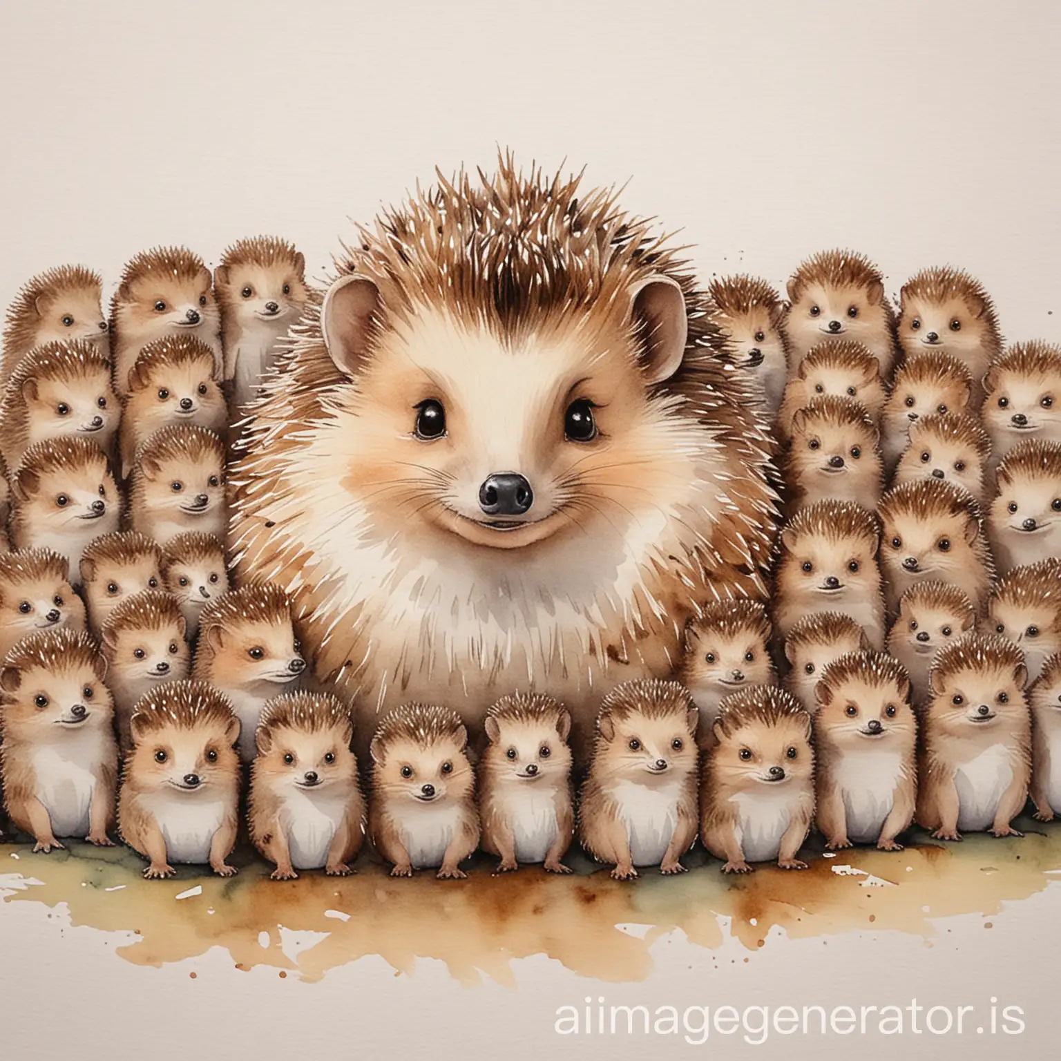 cute hedgehog kindergarten teacher with 20 hedgehog pupils aquarelle drawing