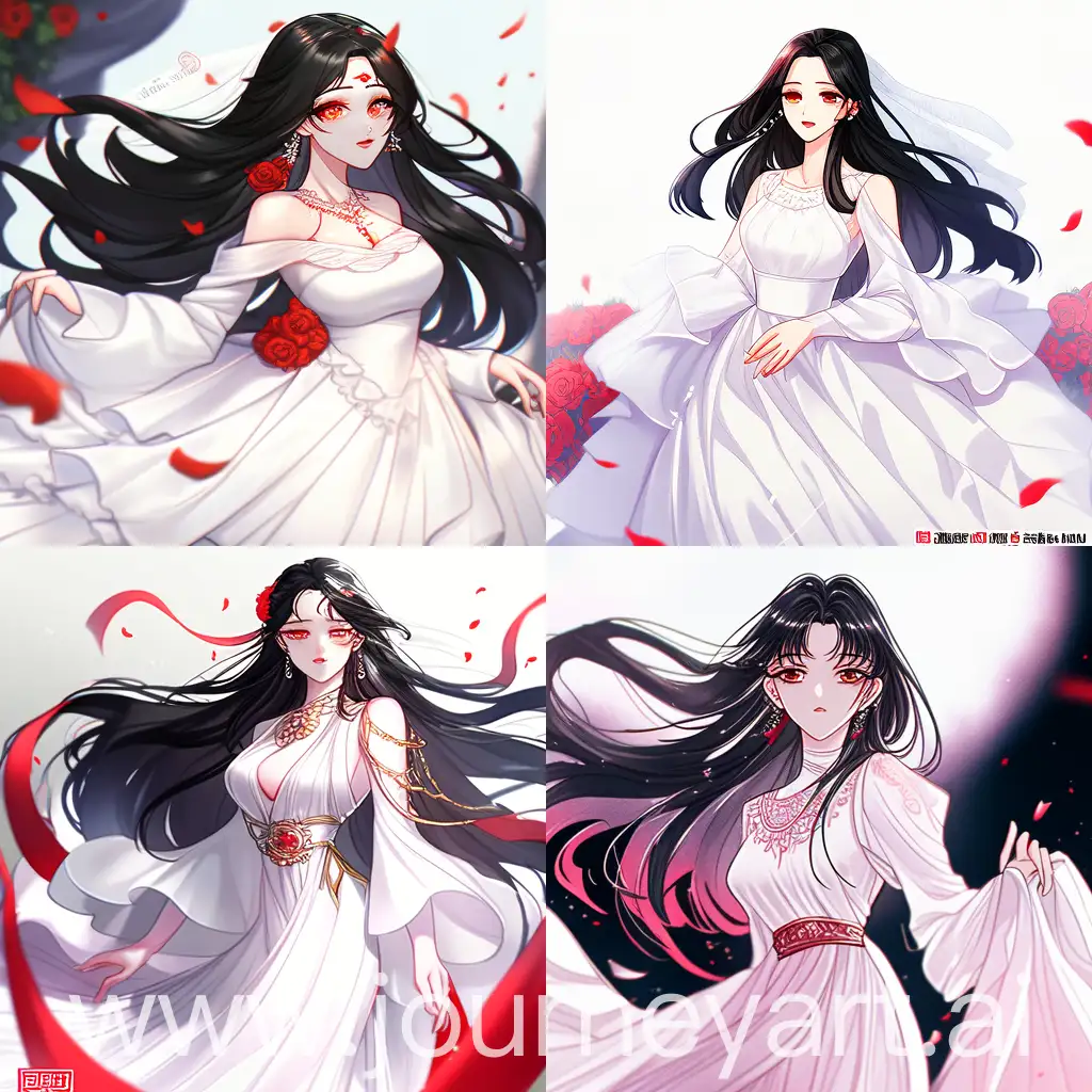 Korean shoujo webtoon style, female, red eyes, long black hair, red highlights, elegant white dress, jewelry