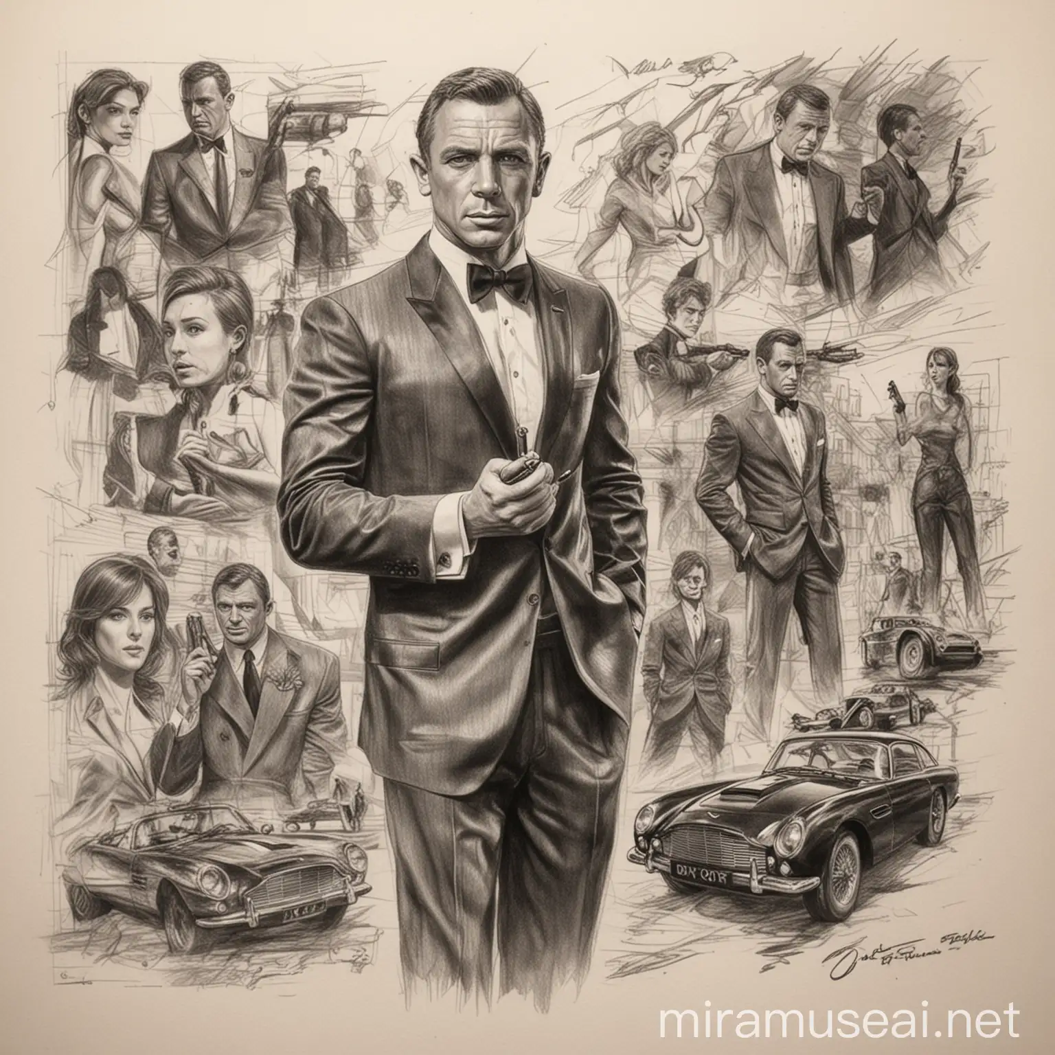 James Bond Sketches Dynamic Pencil Graphic Artwork