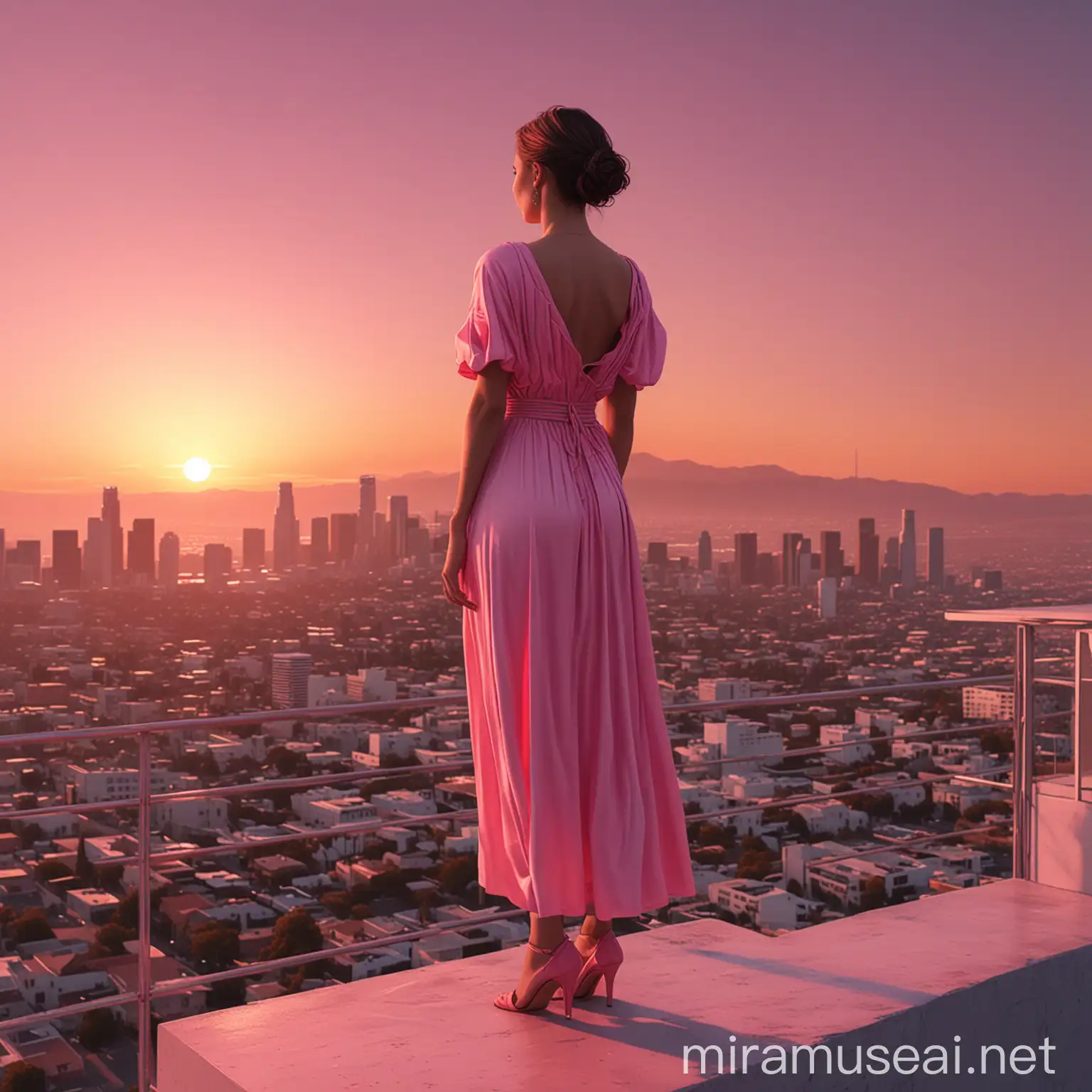 3D 8k mininal realstic illustrator mininal woman standing on the top of the building in los Angeles watching stunning hyper realstic sunset with her light hypre dress bold pink color