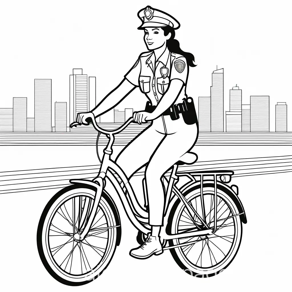 Police-Woman-Riding-Bicycle-Coloring-Page-Black-and-White-Line-Art