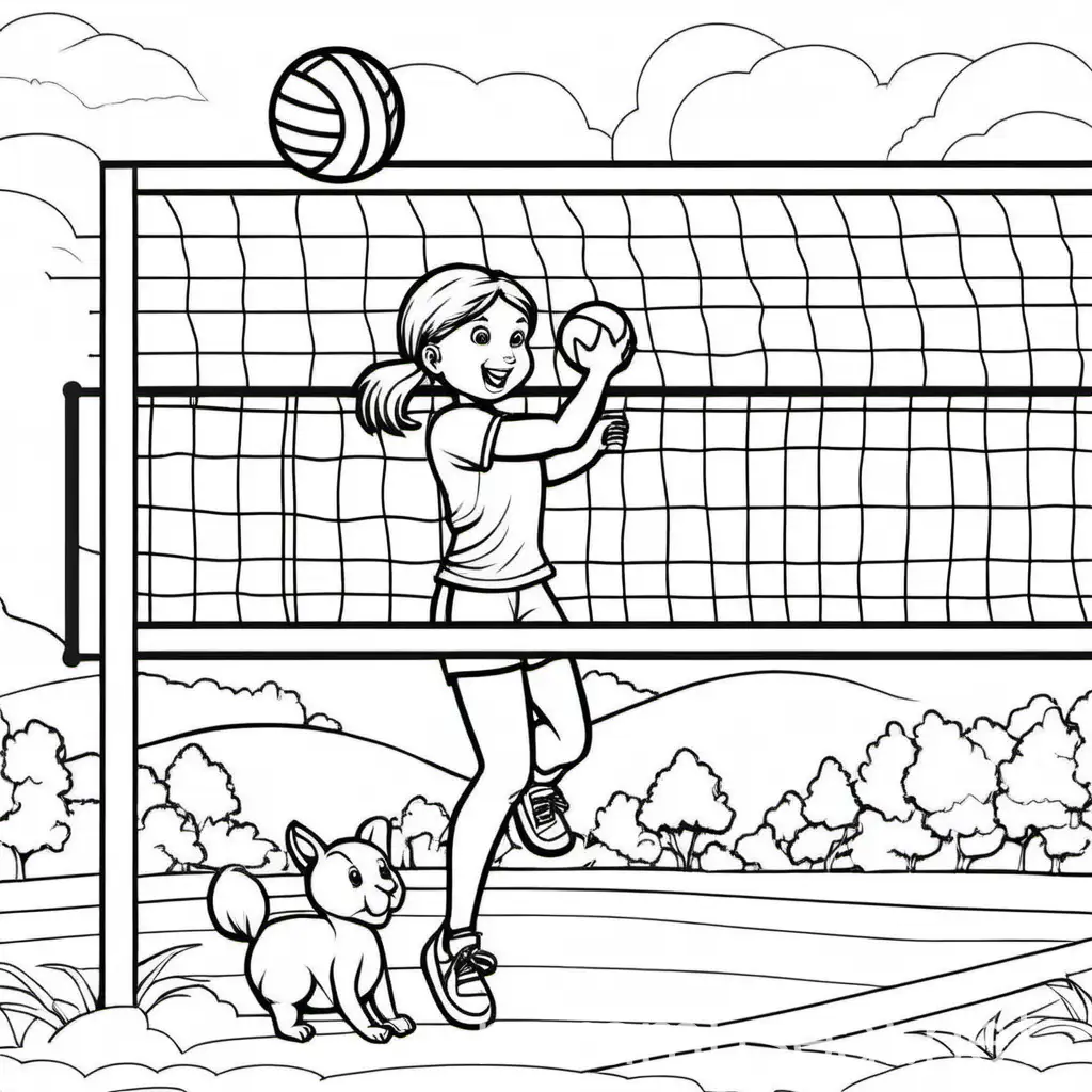 Adorable Girl and Animal Playing Volleyball Coloring Page