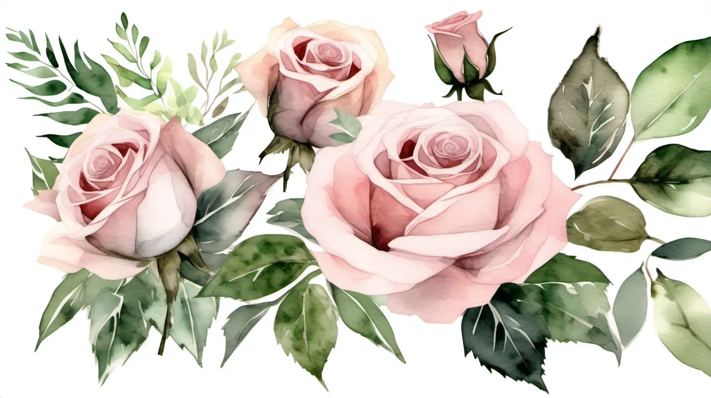 Hand Painted Watercolor Clip Art of Pale Pink Roses and Dark Green Foliage