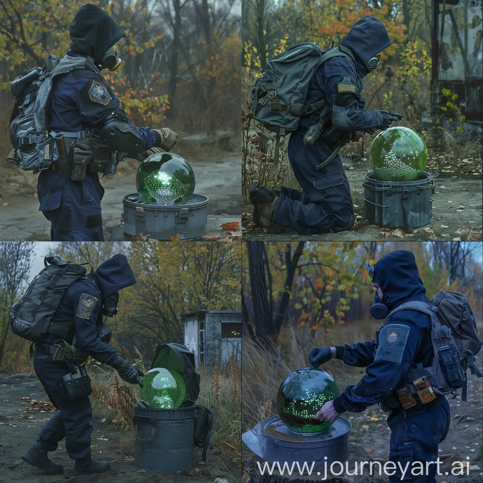 The mercenary from the stalker game, the mercenary is dressed in a dark blue jumpsuit, gray military unloading, a small military backpack, a respirator mask, a hood, the mercenary collects an artifact in special container, the artifact looks like a large green ball with bubbles inside, the ball glows, the weather is Gloomy autumn, Chernobyl.