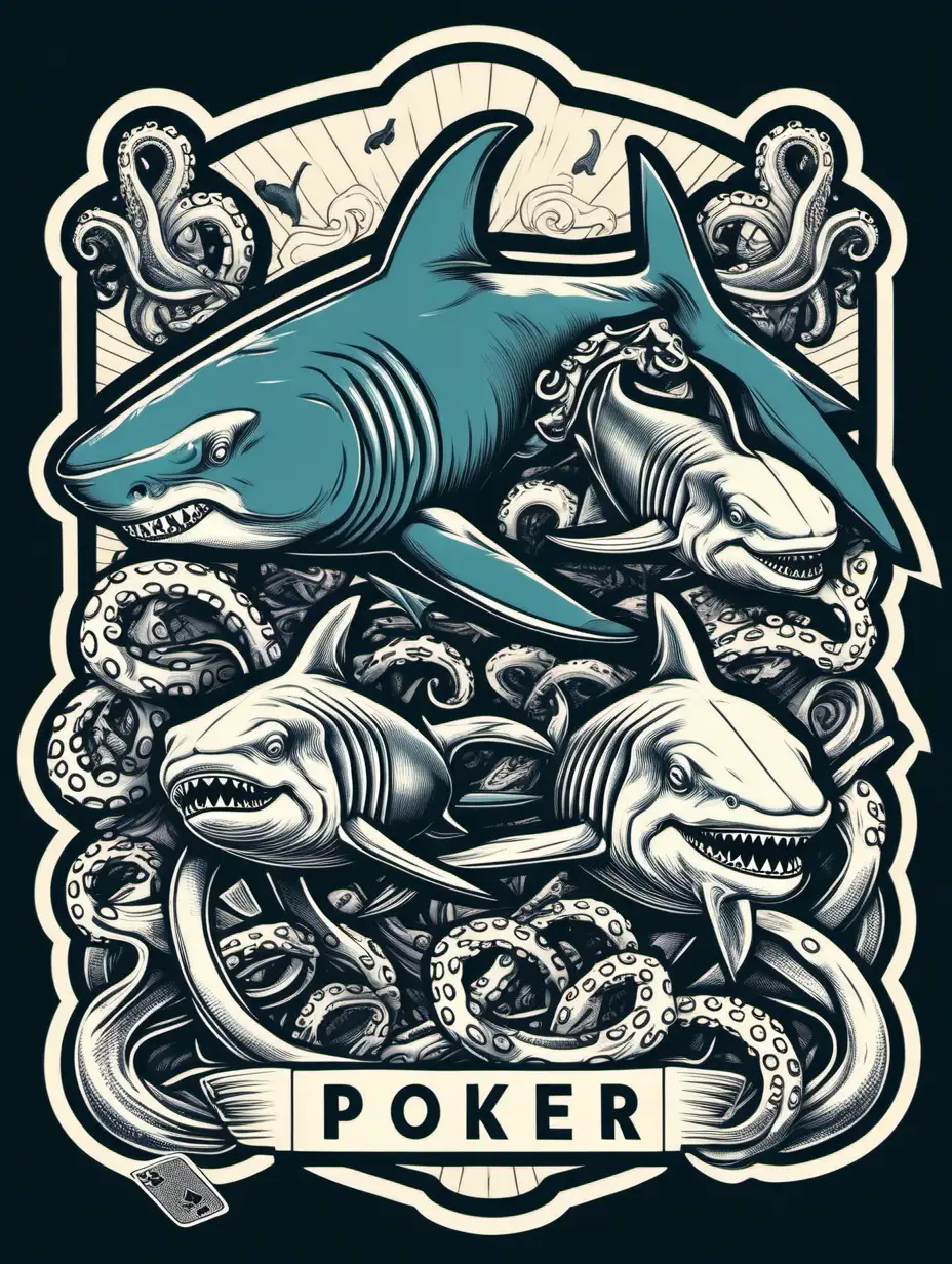 Oceanic Poker Night Retro Style Illustrated Design with Shark Whale and Octopus