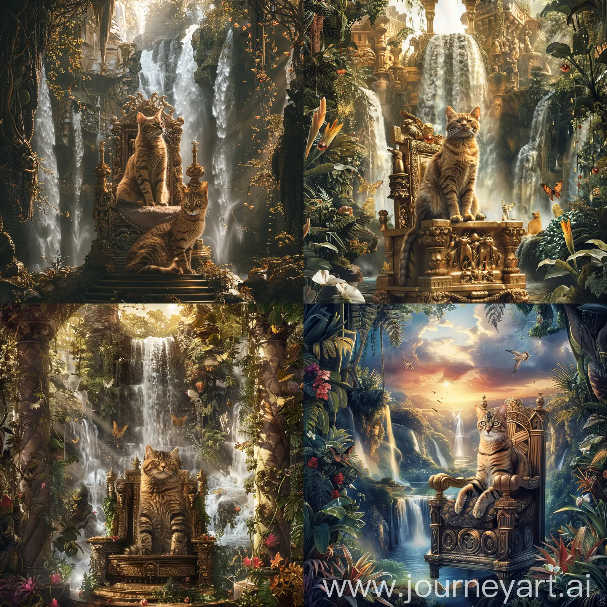 король котов сидит на троне фантастический мир,водопады,hdr,fantasy,botanical,многослойно,граттаж, высокое разрешение, высокая детализация, в стиле Дали