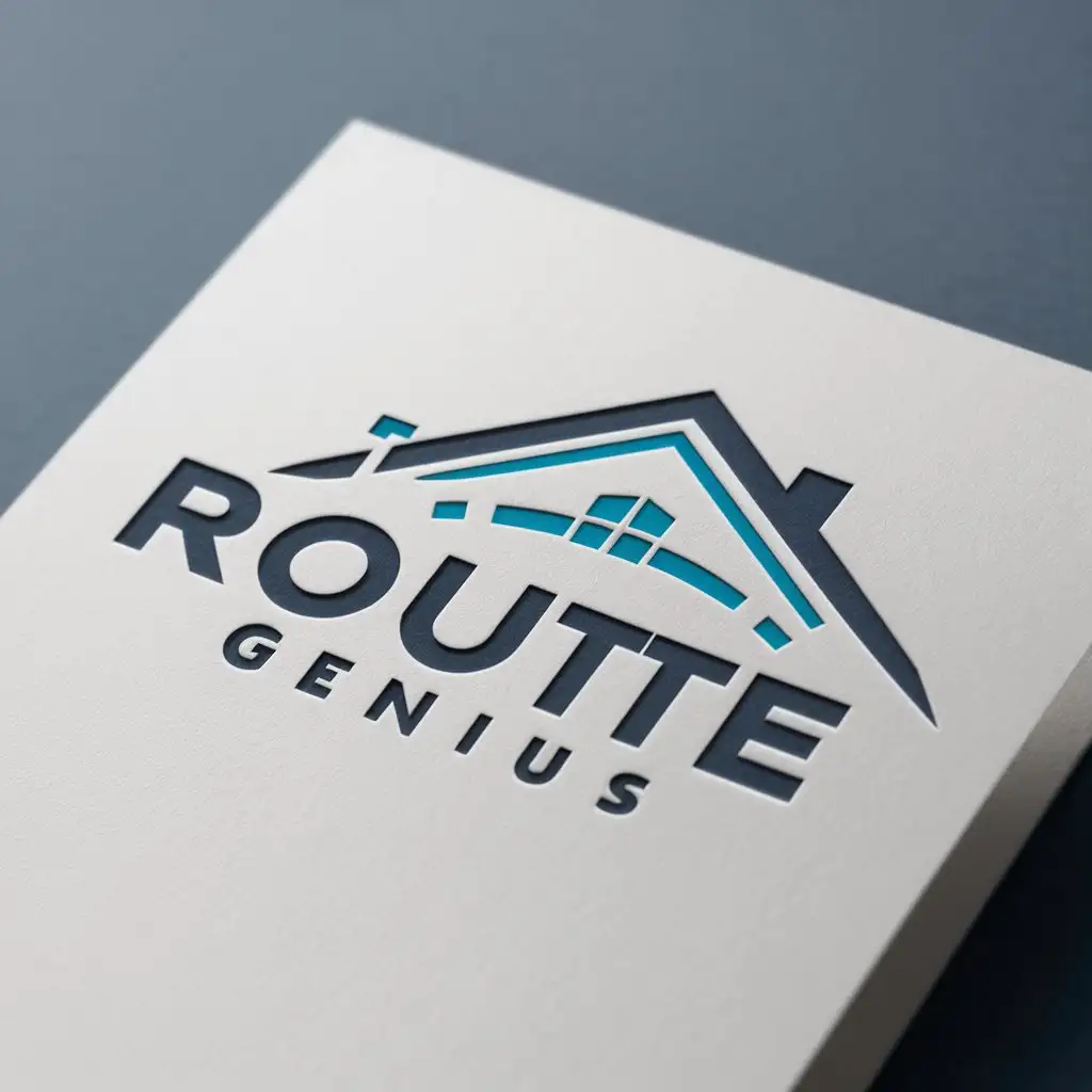 a logo design,with the text "Route Genius", main symbol:logo should include a symbol or icon that links to home services, such as a house or tool. preferred color, Consider using shades of blue, green, or other calming and reliable hues. must be a white stationery mockup,Moderate,clear background