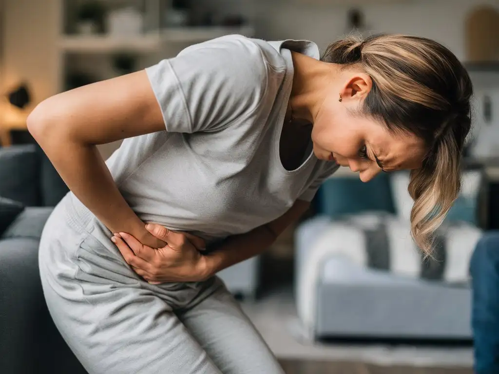 European Woman Suffering from Abdominal Pain in CloseUp Photo
