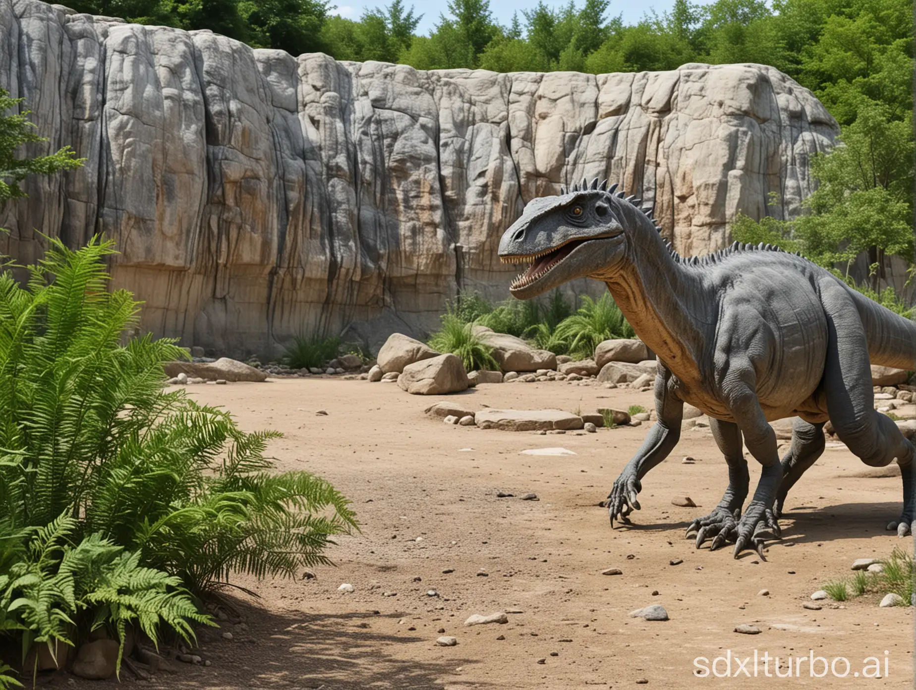 Hintergrund zoo gehege mit  Allosaurus  vorne pflastersteine