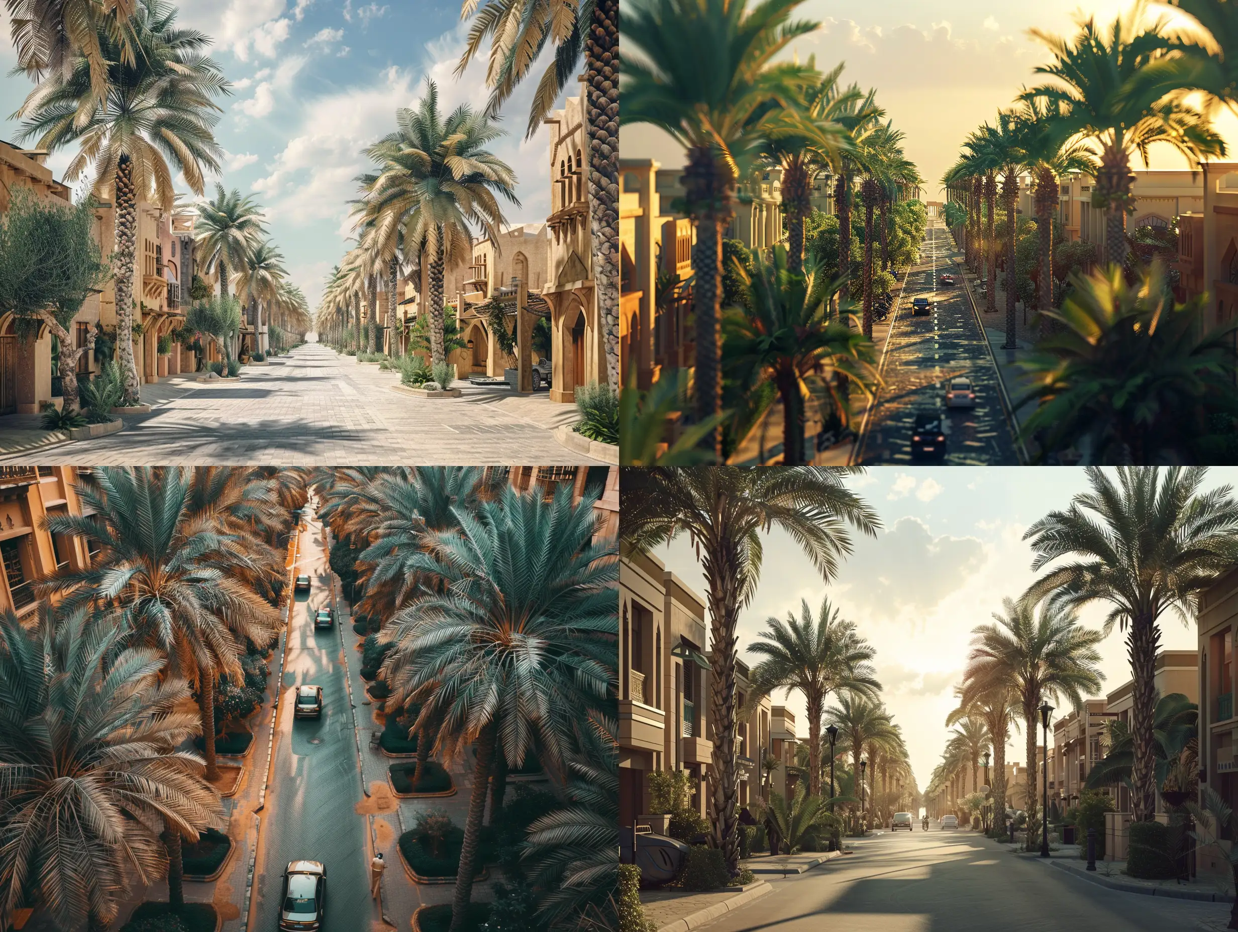 A street decorated with palm trees in the Kingdom of Saudi Arabia, a charming view, Landscape, Realism, Havok, Aerial perspective, Muted Colors, Film Camera, Dramatic Lighting,