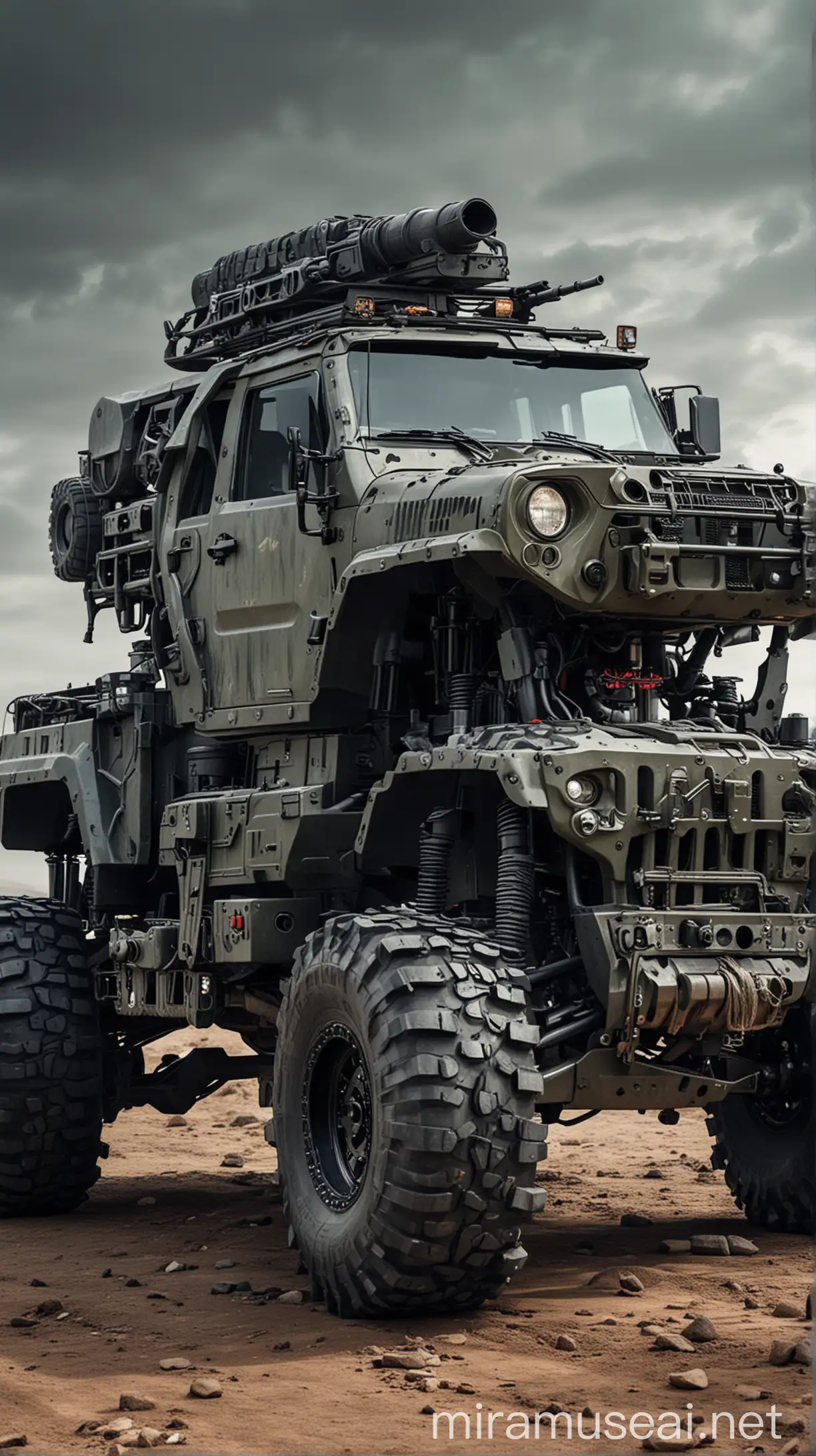 A futuristic jeep, with heavy tyres, sharp knives fitted in tyres, and fitted with machine guns