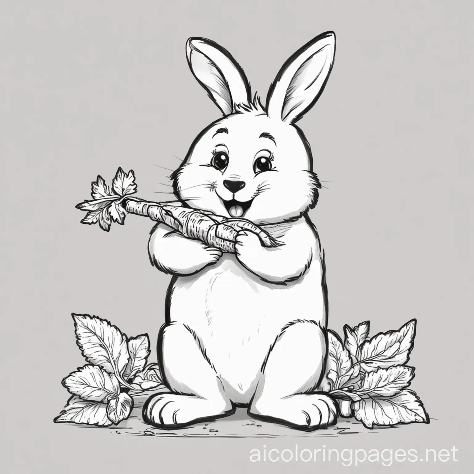 Happy Rabbit eating carrot, Coloring Page, black and white, line art, white background, Simplicity, Ample White Space. The background of the coloring page is plain white to make it easy for young children to color within the lines. The outlines of all the subjects are easy to distinguish, making it simple for kids to color without too much difficulty