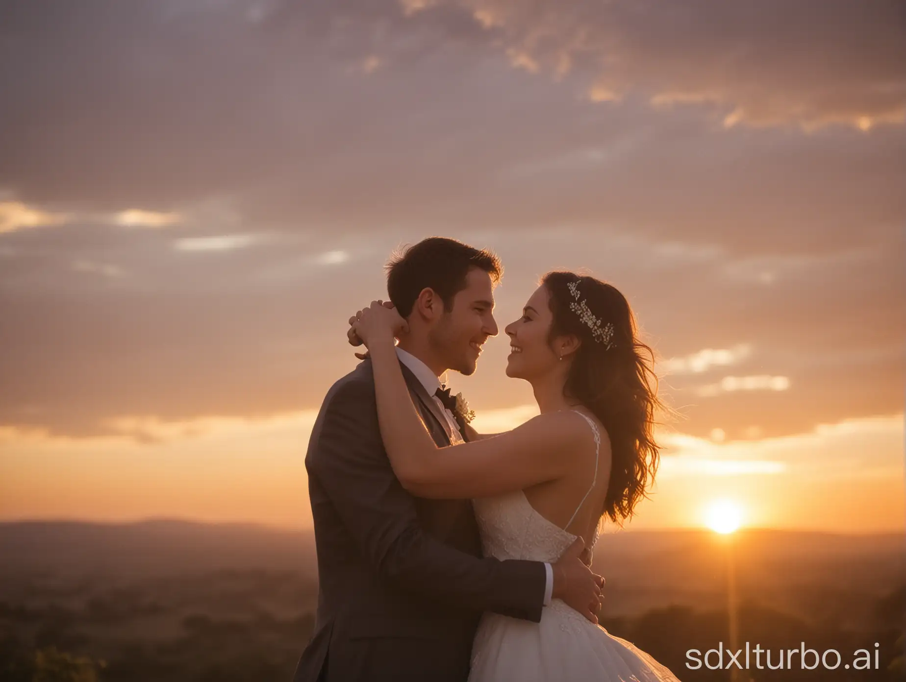 Newlyweds celebrate in excitement with background sunset, flashlight photography effect, against the light photography, pentax 120mm f/1.6 helios-44m