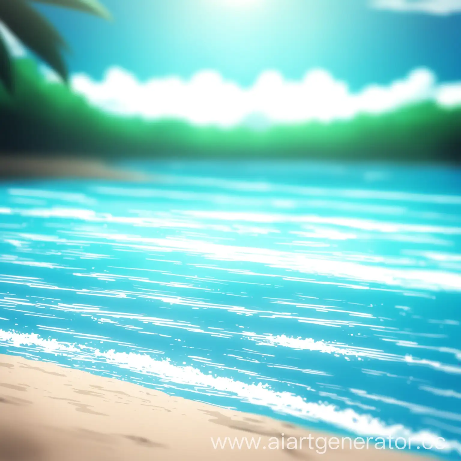 Пляж, голубая вода, размыто, аниме стиль