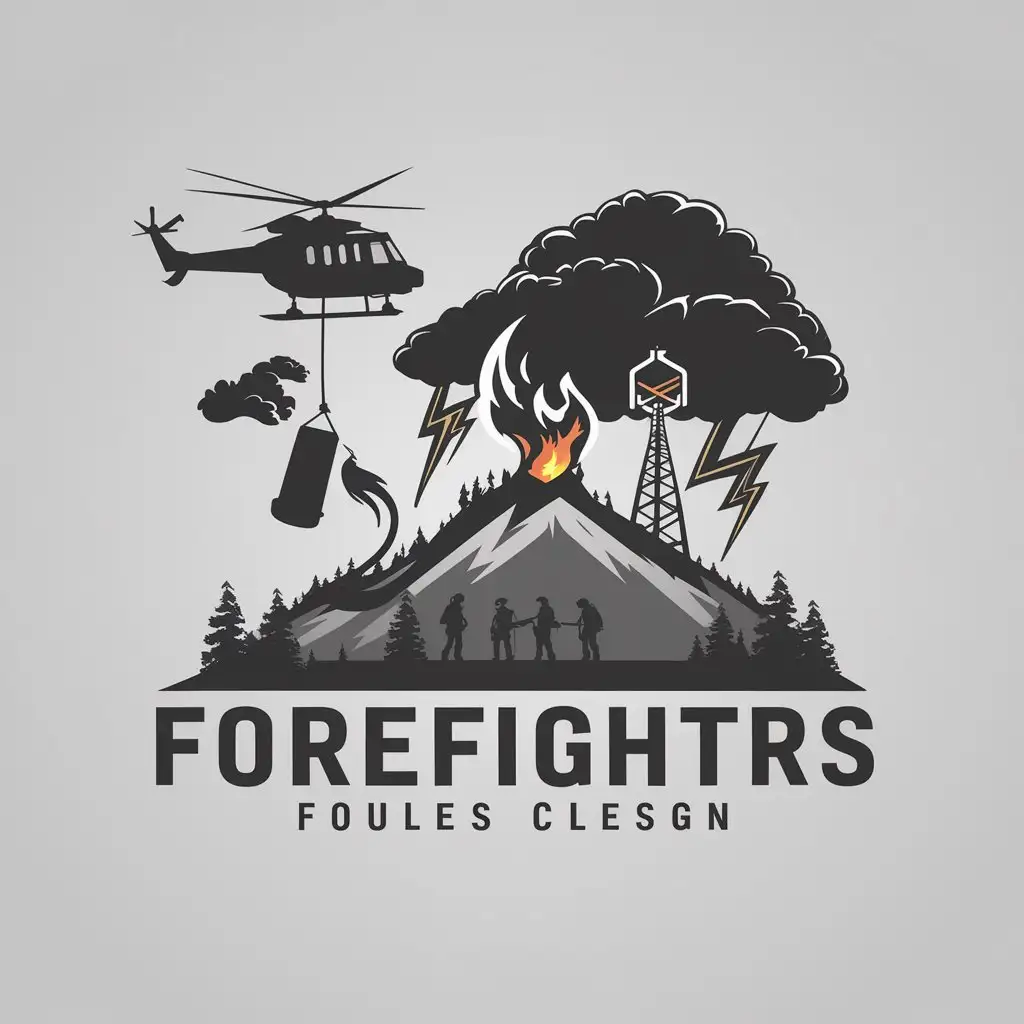 a logo design,with the text "Berdoe CrewnCarmacks, Yukon", main symbol:Helicopter sling a 'bambi bucket' on it's belly to a mountain. It's a flat topped mountain with a cell phone tower on the top of it. There's a forest fire burning on the mountain, no flame, just lots of smoke puffing up. A cumulonimbus anvil cloud with lightning looms over the mountain. 3 silhouettes of forest fire fighters stand at the base of the mountain.,Moderate,clear background