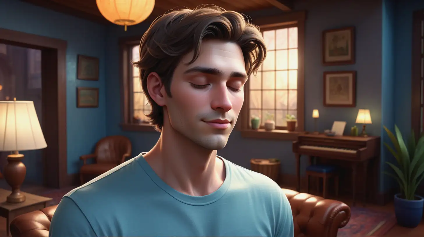 Create an animation in a highly detailed, fantastical style with vibrant colors and dramatic, soft lighting. The scene should have an immersive, magical atmosphere with intricate backgrounds and glowing, radiant elements. Show Alex, a 30-year-old man, 6 feet tall, with a light olive complexion. He has short, dark brown hair that is slightly tousled but neat, and closed eyes. His face is clean-shaven with a slightly squared jawline and a gentle smile. He is wearing a light blue t-shirt, dark blue jeans, and brown leather shoes. Background serene a peaceful living room.