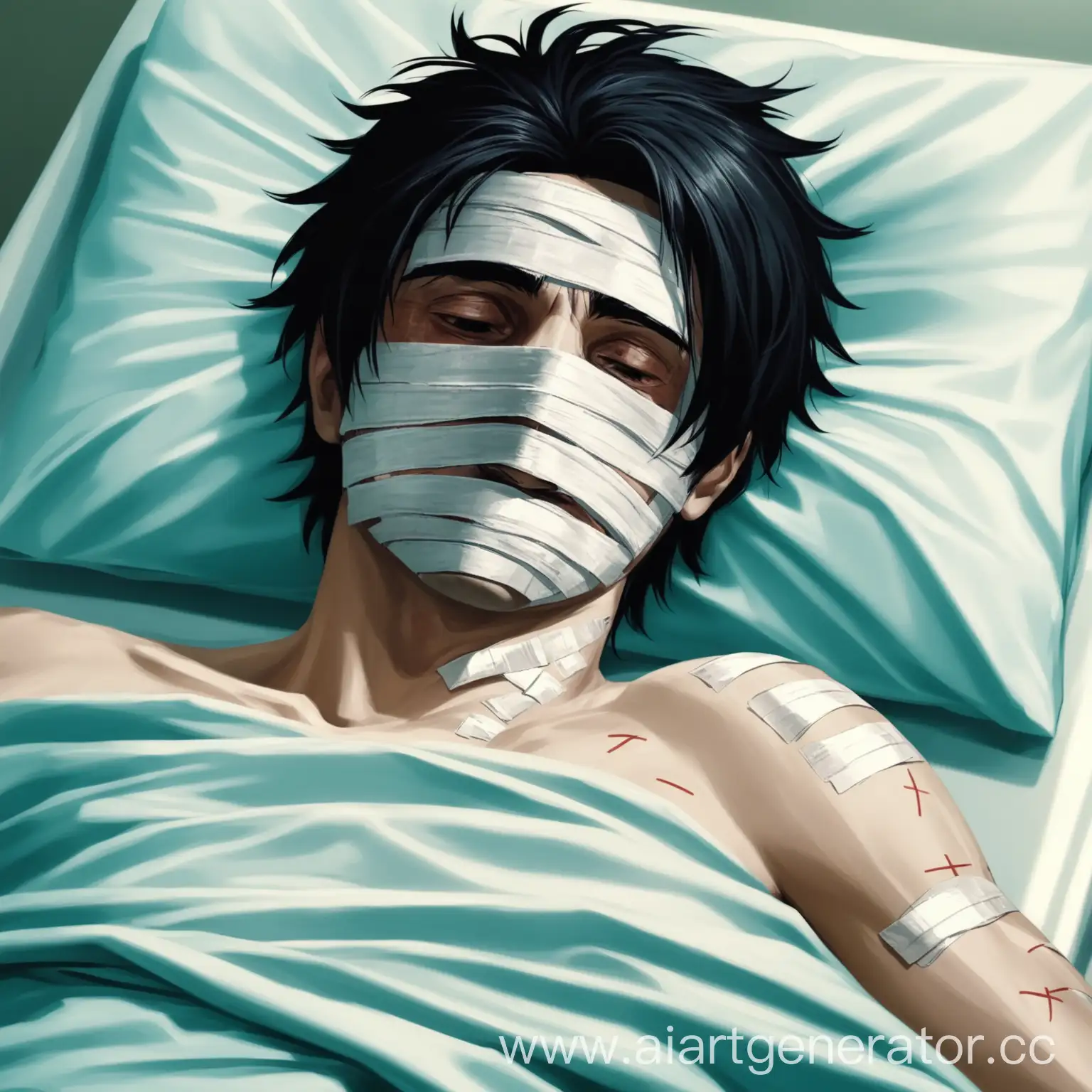 Парень с черными волосами лежит в больнице с перевязанным лицом рисунок