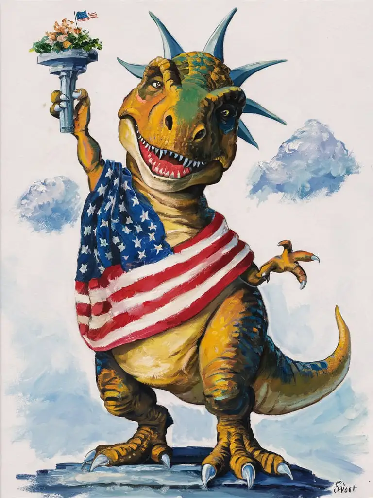 Friendly TRex Dinosaur Statue of Liberty Pose with American Flag