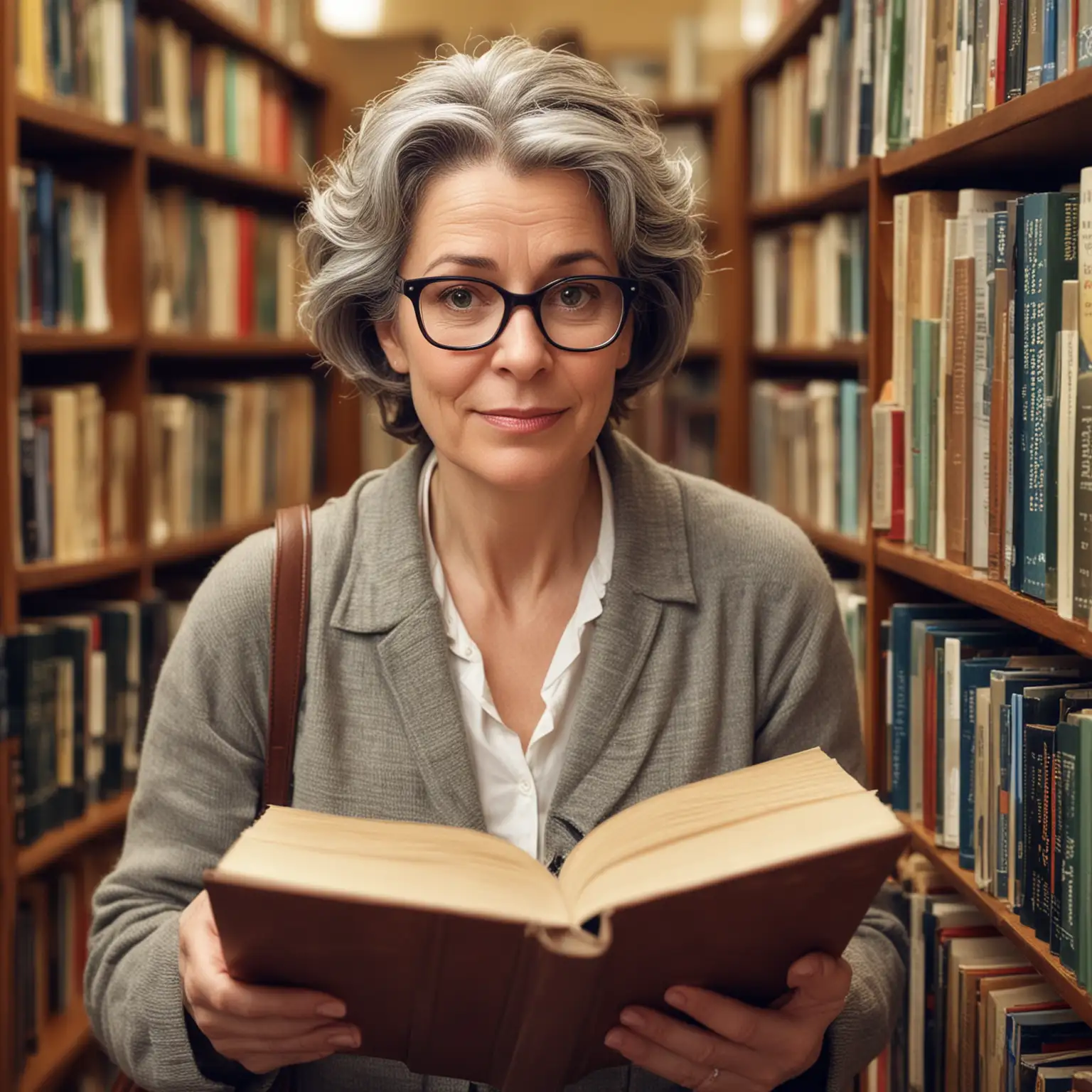 middle aged woman in a libraary full of books. depicted as a book worm. --ar 2:3 --sref https://s.mj.run/87Sjf94hFiI ::1.5 <https://s.mj.run/BdQFQve9VPQ>