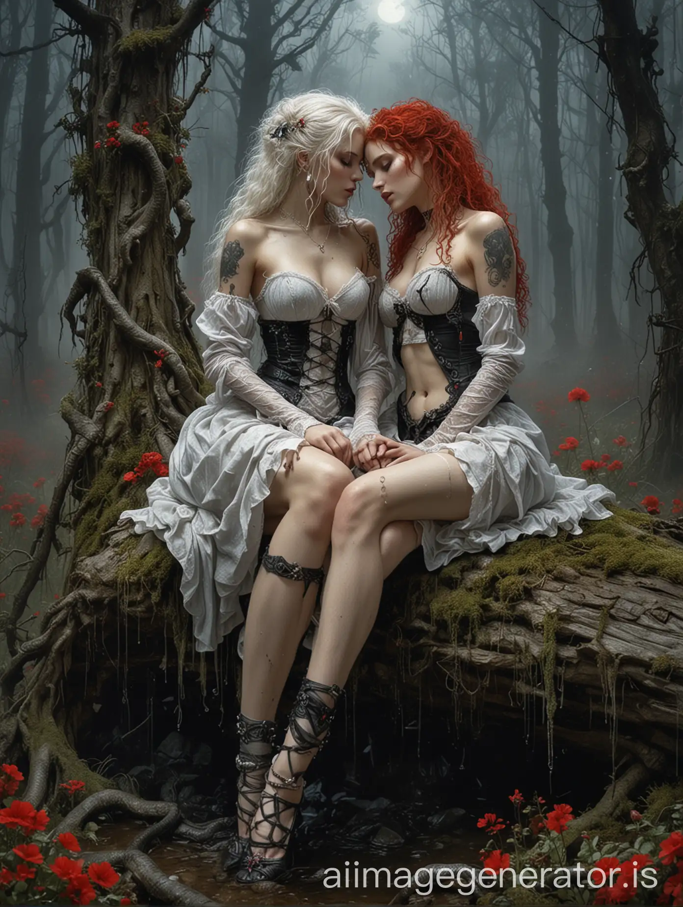 luis royo dark art style,  two women in love, sitting on a mossy tree trunk, wet body, heavy rain, raggedy seethrough victorian clothes, ornate revealing lingerie, tattoo on arms, first woman white long hair, second woman red curly short hair, night background dead forest, red flowers at woman's feet and on the ground, snake on the ground, foggy background, backlight, moonlight