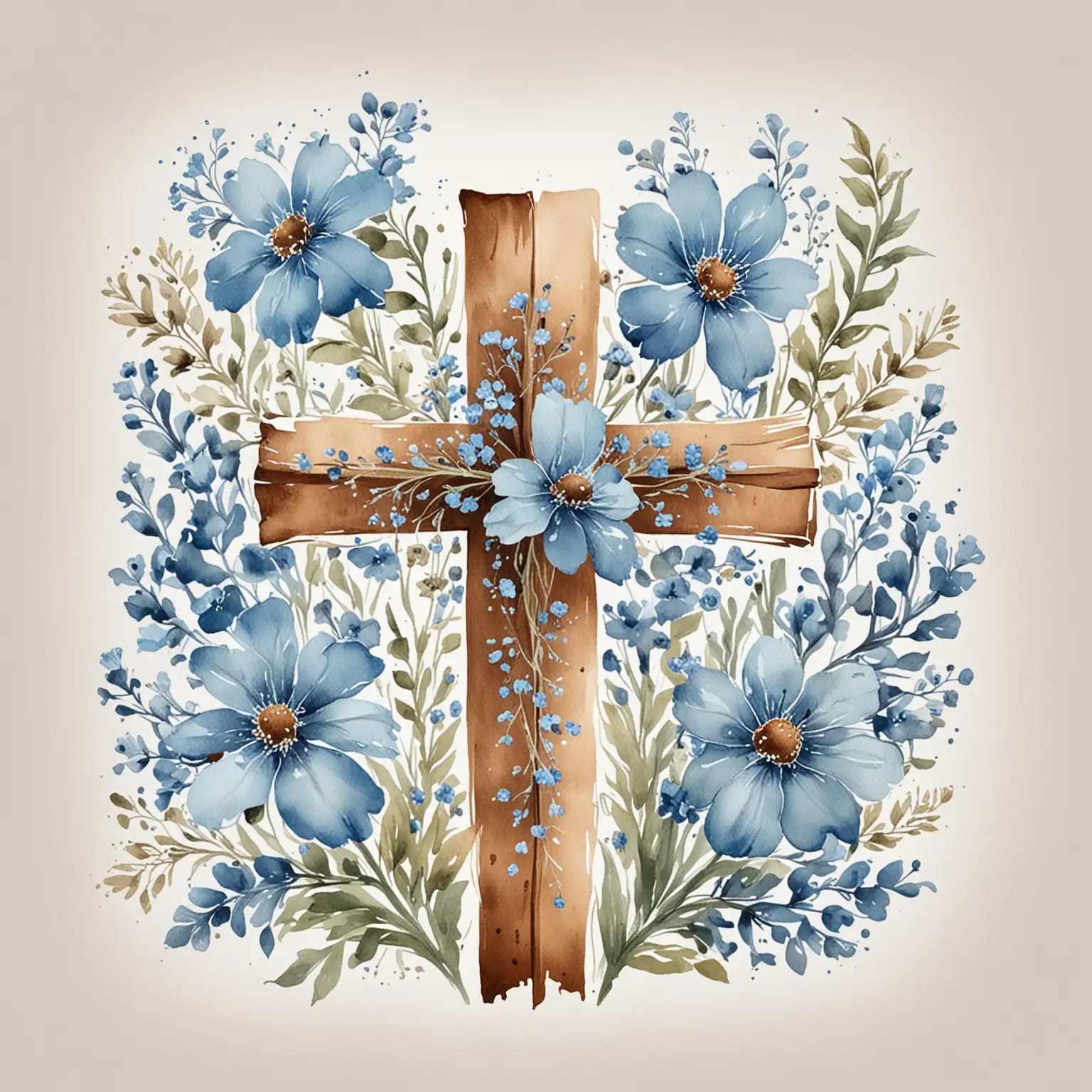 Watercolor Brown Cross with Light Blue Flowers on White Background