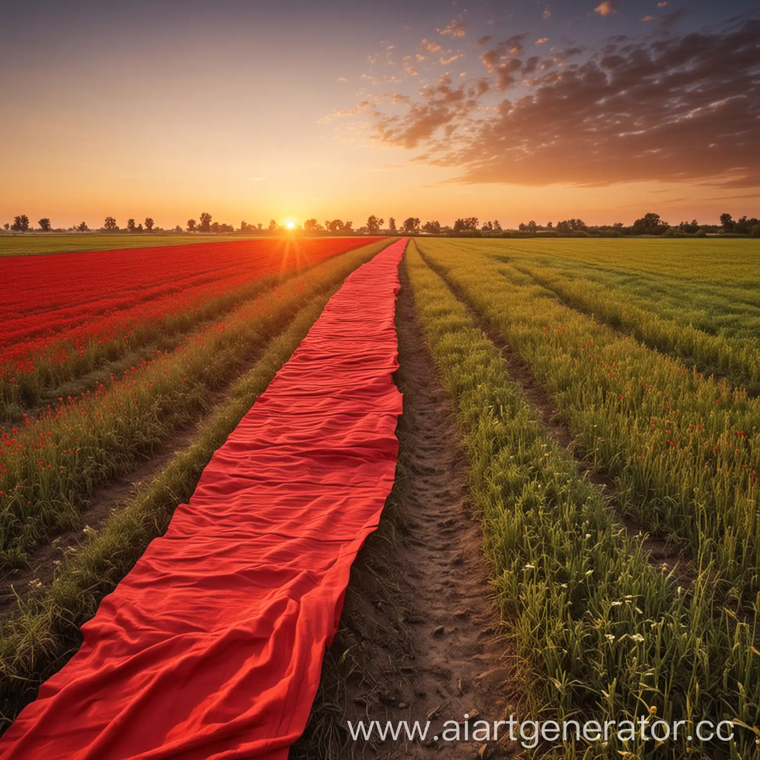 Sunrise-Over-Red-Fabric-Pathway-in-Field