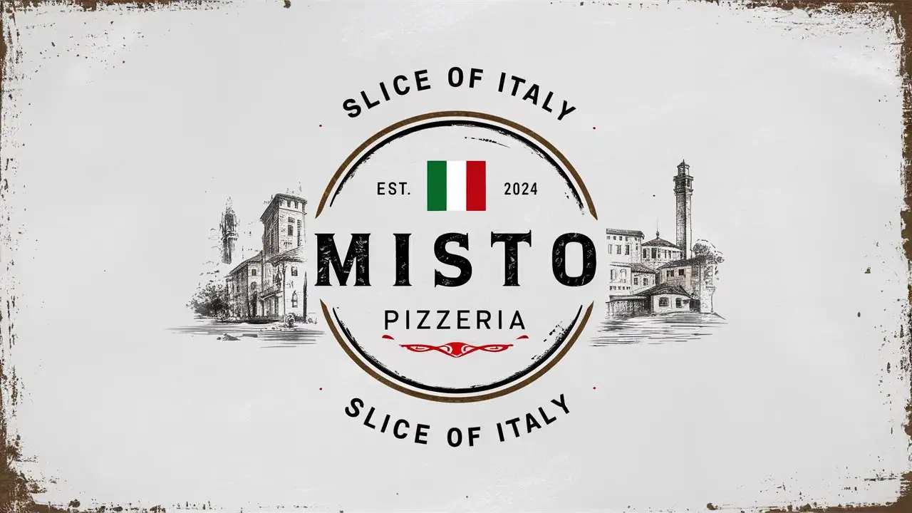 Misto Pizzeria, Minimalist, Emblem,  Edge Decorated, White background, EST 2024 , Italy flag, Antique, Slogan Slice of Italy , Sketched Italian City, Old School, Rustic,