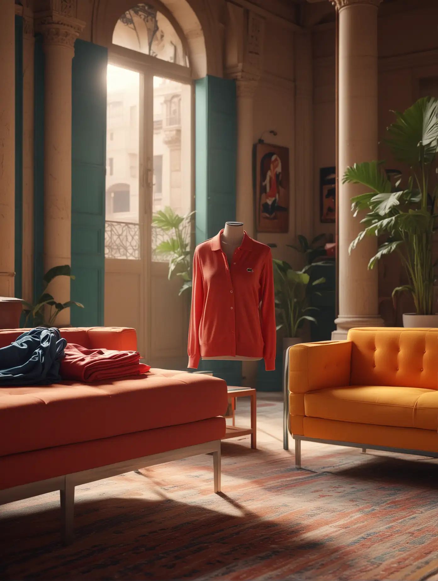 close up of some Lacoste clothes, bright colors, they are placed on different furniture inside an egymptian beautiful building, cinematic light, ultra realistic, arri camera, film roll, 8k, best possible realism, female clothes