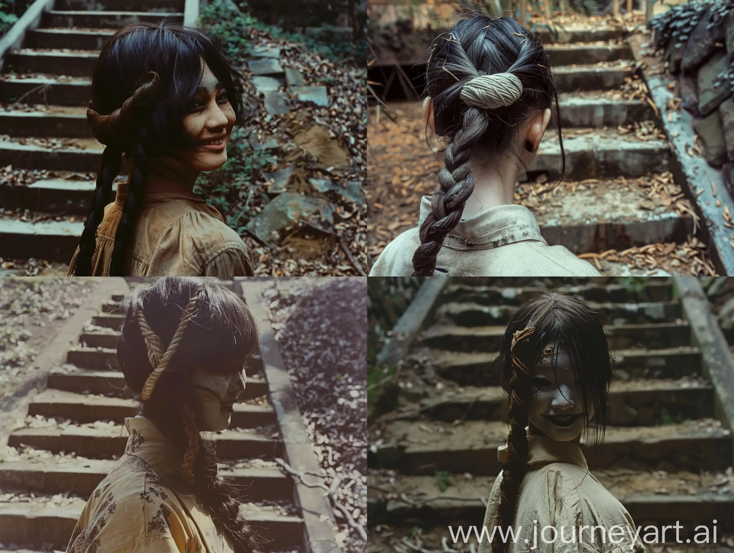 Portrait photo, cinematic, realism, use Medium-angle lens, long-shot, full-shot. Depiction of a yokai (((braid girl))), ((( Her characteristic is that she has a knotted braid on her face and on the back of her head. Her appearance cannot be seen, but she can only see the smile and black lips under the hair. ))), Japanese 1970, long-angle lens, Walking slowly in front of the back stairs of the University Garden, dilapidation, filth, unsettling, horror movie