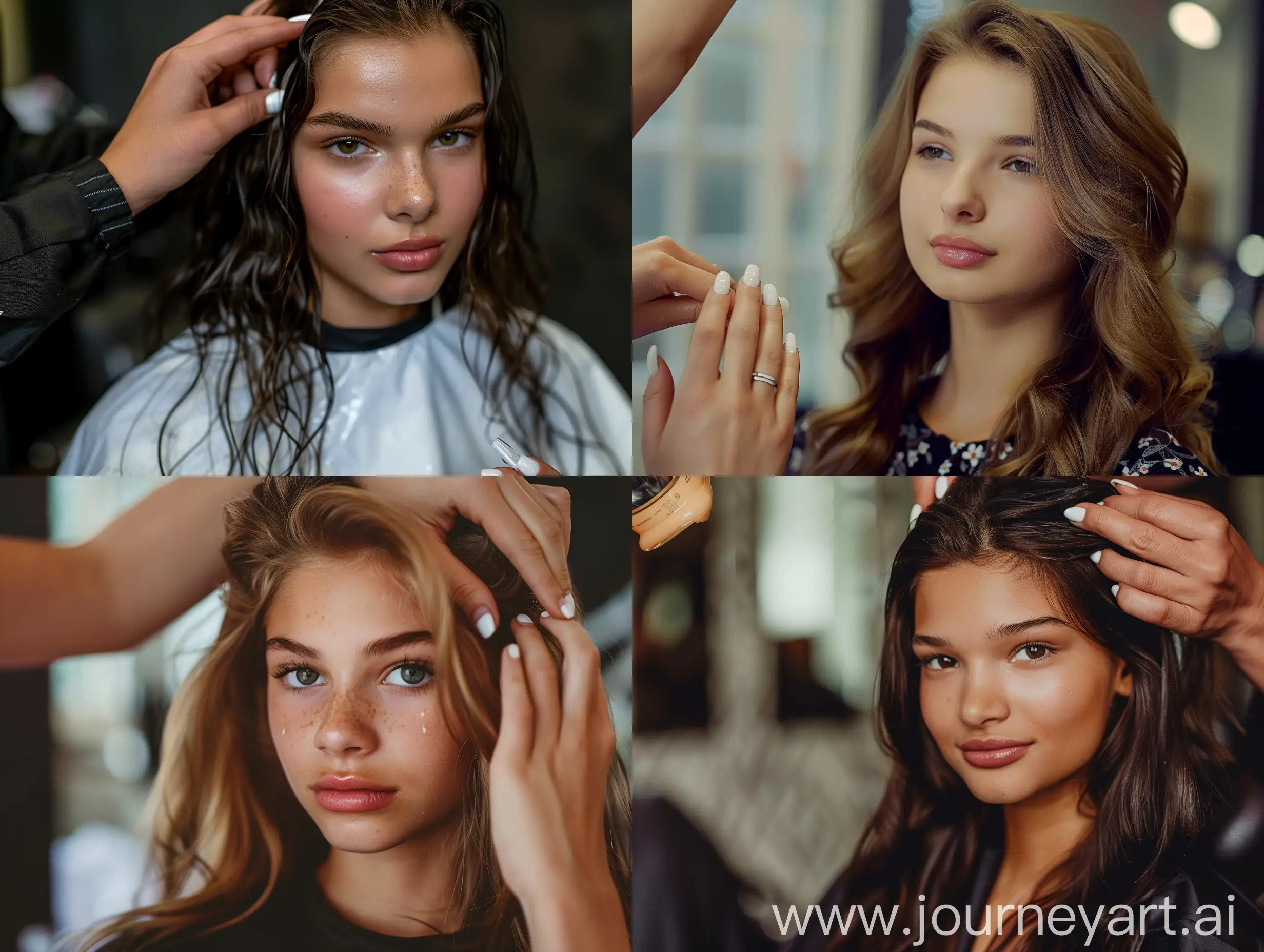 Stylish-Teenage-Model-Receives-Hair-Treatment-at-Salon-with-Elegant-Gel-Nail-Polish