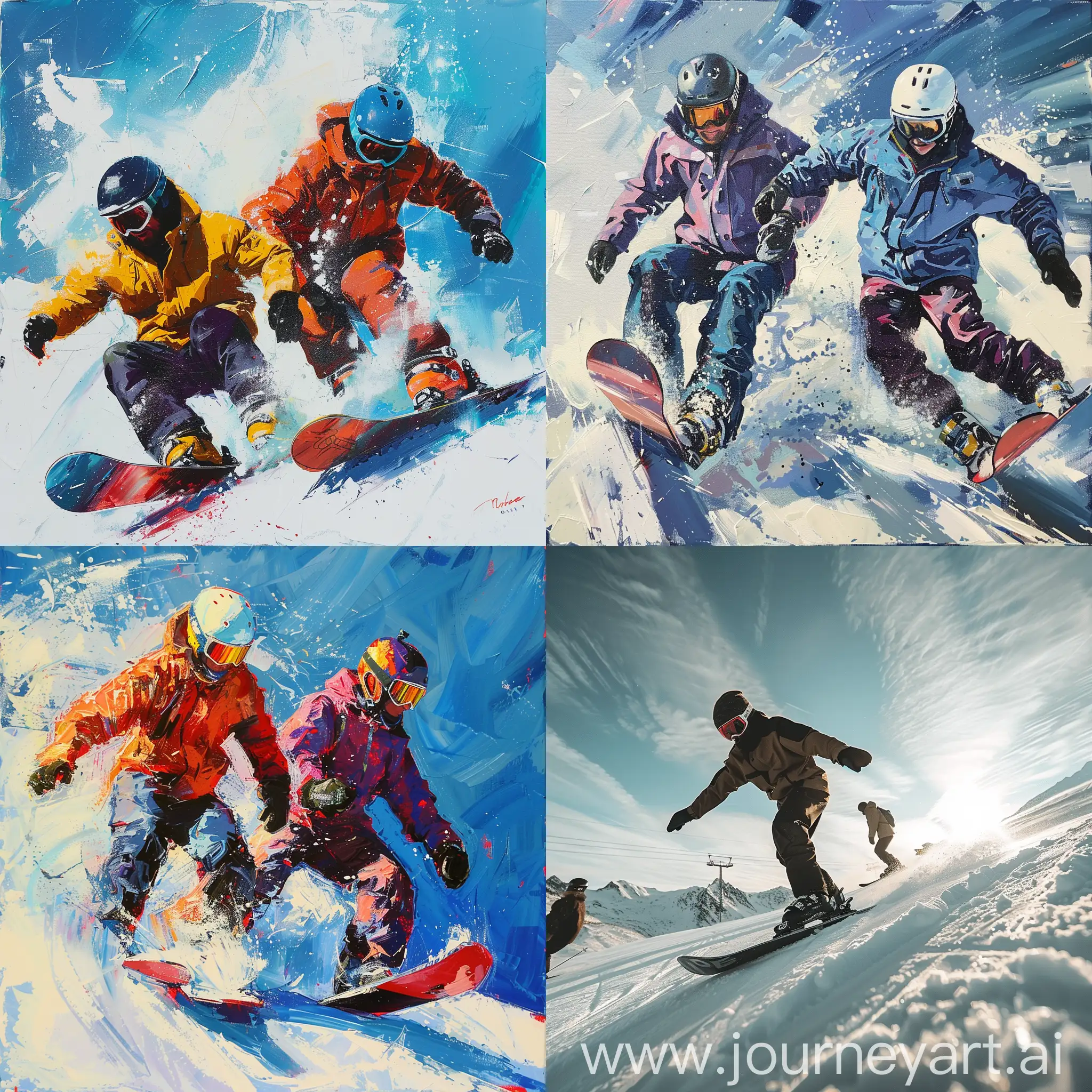 Two-Young-Men-Snowboarding-in-Winter-Landscape