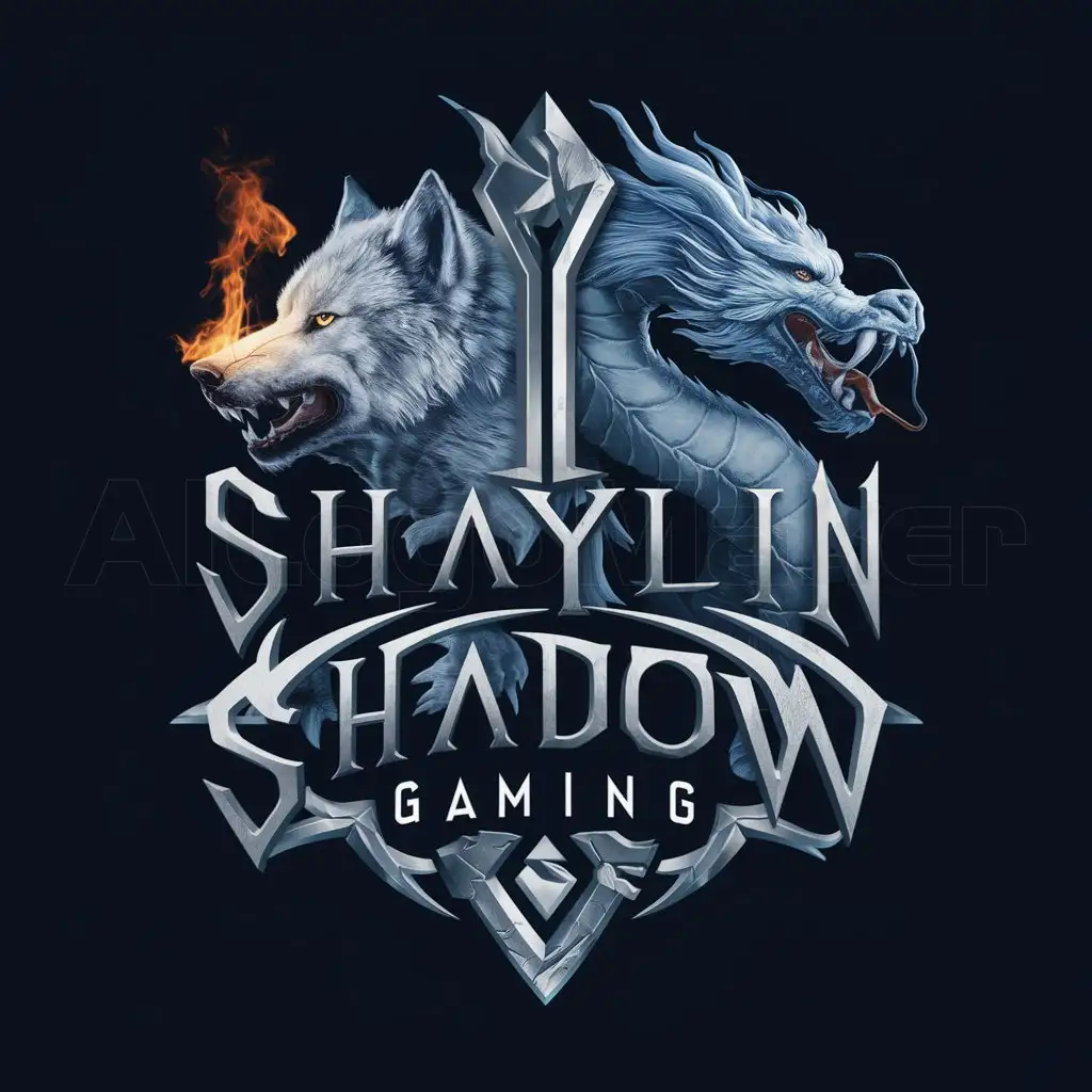 a logo design,with the text "Shaylin  Shadow Gaming", main symbol:realistic fire ice wolf and dragon in black background,complex,be used in 0 industry,clear background