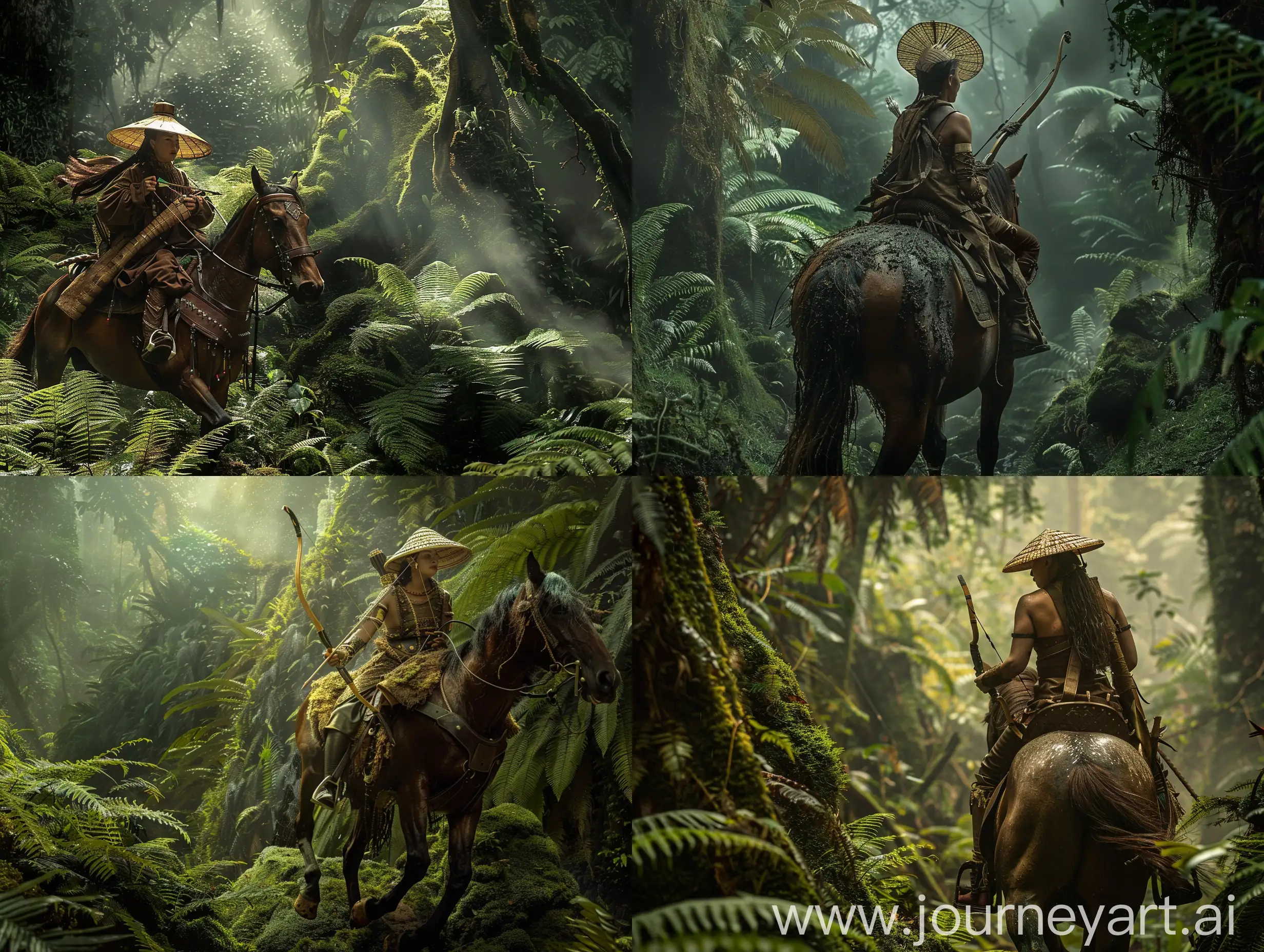 Indonesian-Royal-Warrior-Woman-Riding-Horse-Through-Dense-Forest