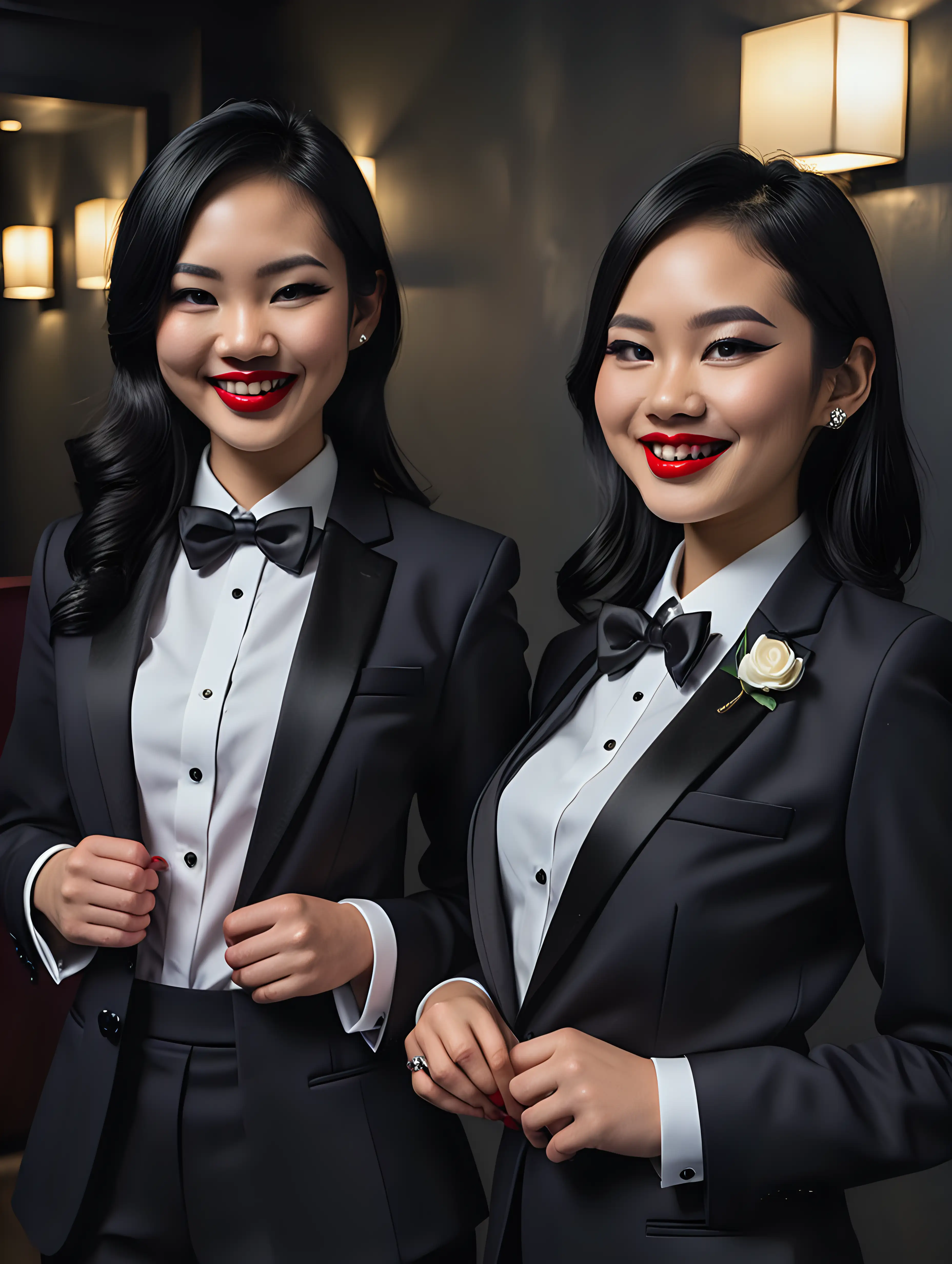 Two 30 year old smiling vietnamese womae with shoulder length black hair and lipstick wearing matching tuxedos with a black bow tie. (Their shirt cuffs have cufflinks). Their jackets have a corsage. Their jackets are not buttoned.  Their jackets are open. They are standing in a dark room.  