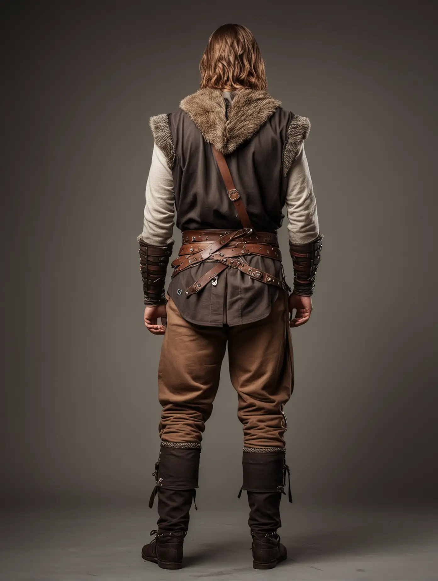 beautiful viking man with brown medium length hair, full view, wearing pants and warrior gear, back view, show no face
